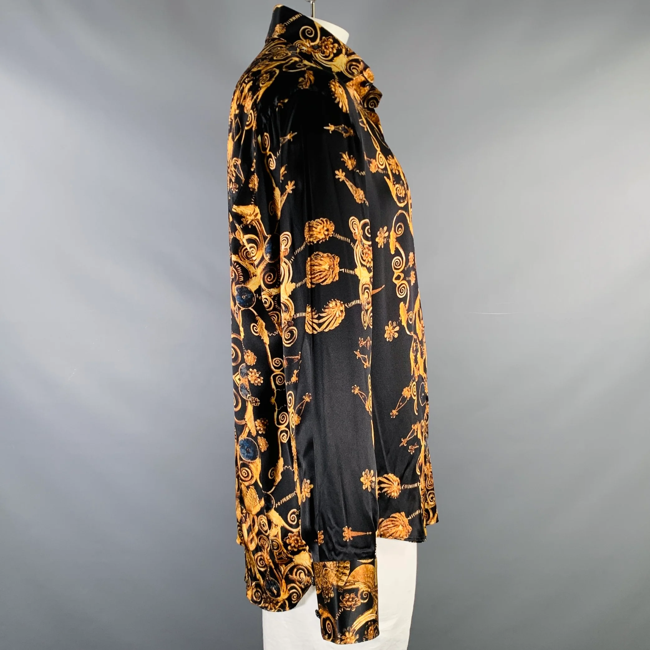 BILLIONAIRE COUTURE Size XL Black Gold Print Silk Long Sleeve Shirt - Image 3