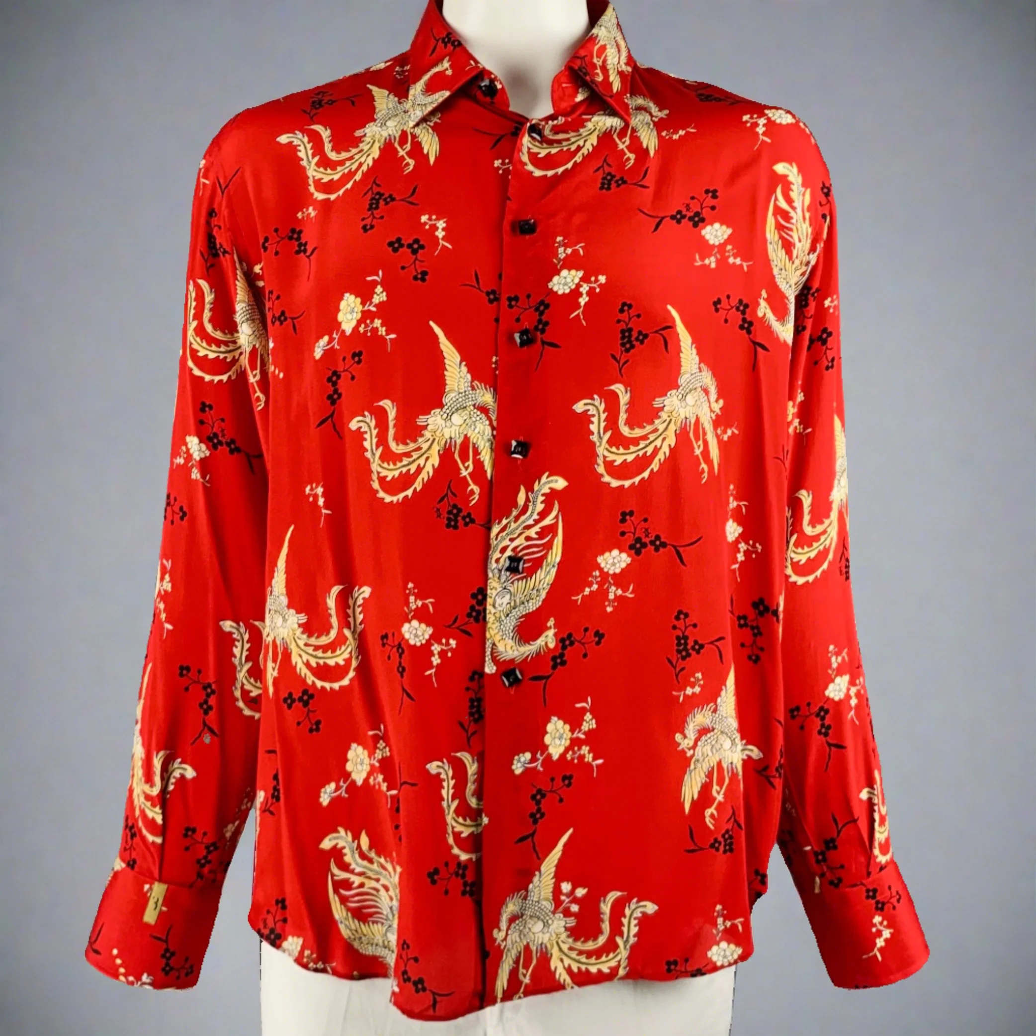 BILLIONAIRE COUTURE Size XL Red Black Gold Phoenix Print Silk Long Sleeve Shirt