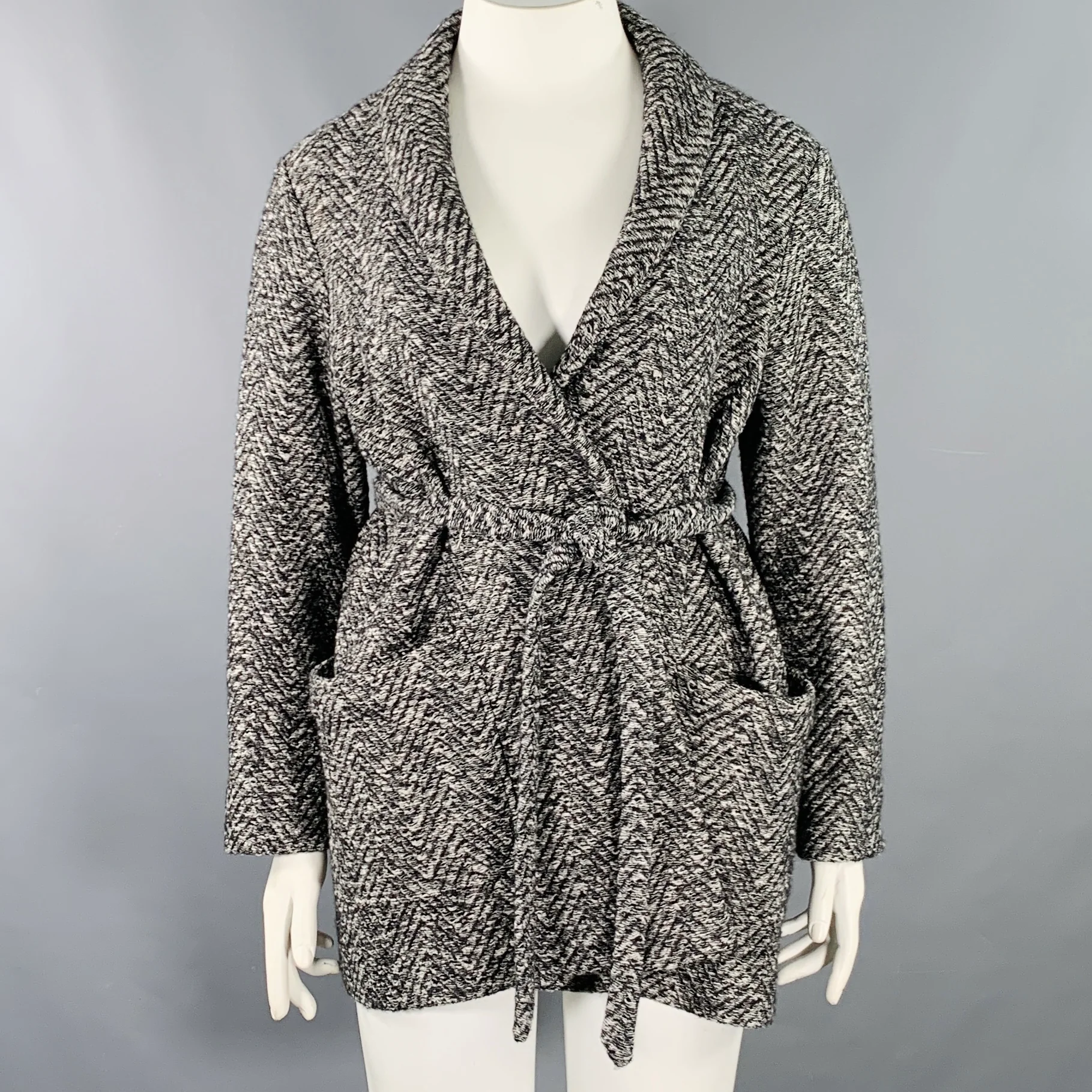 BILLY REID Size L Grey Black Wool Cotton Herringbone Belted Jacket