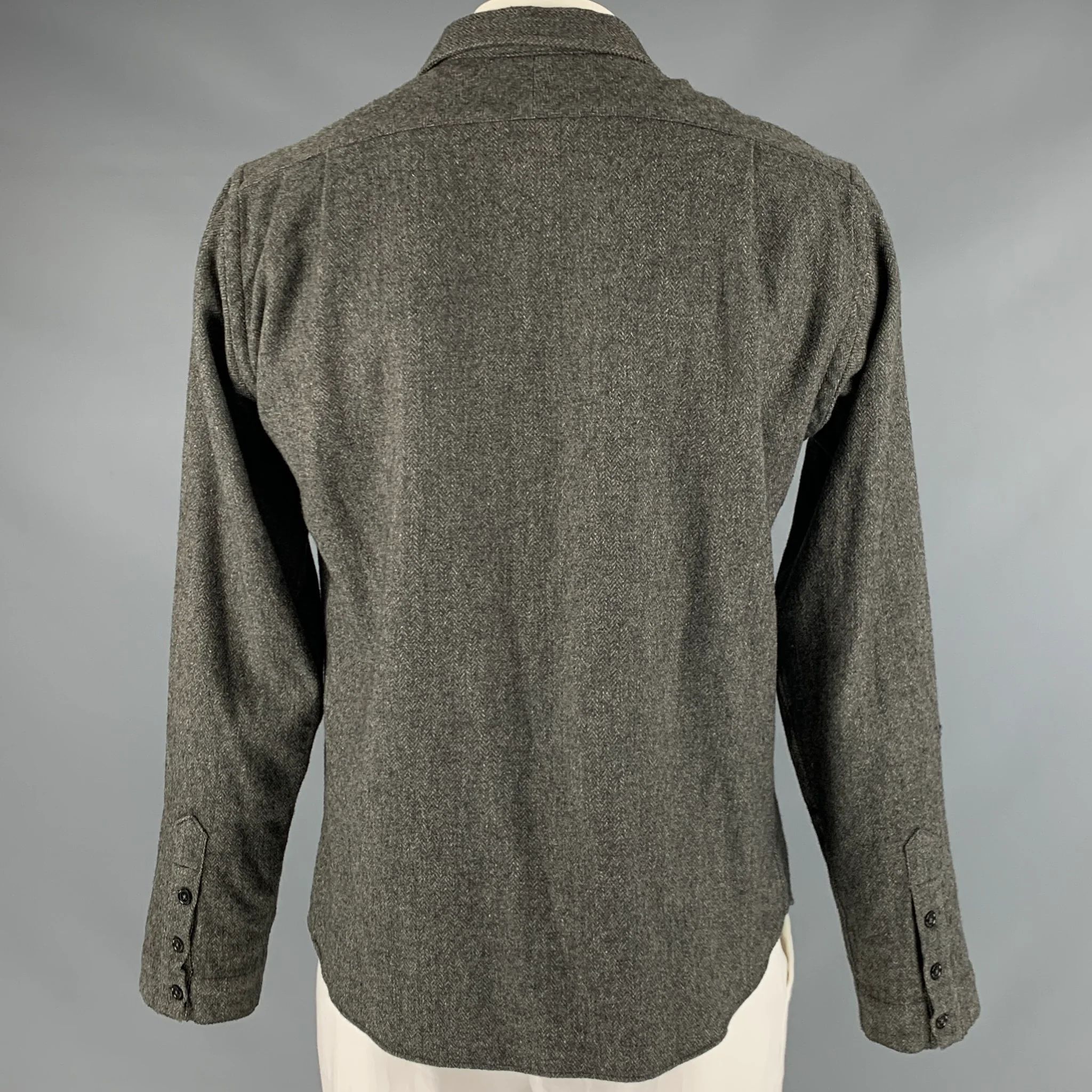 BILLY REID Size L Grey Herringbone Wool Cotton Long Sleeve Shirt - Image 3