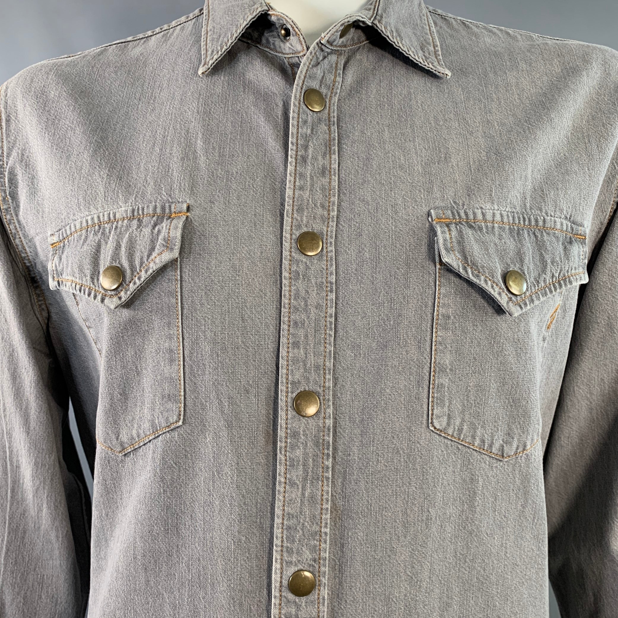 BILLY REID Size XL Shoals Grey Contrast Stitch Cotton Snaps Long Sleeve Shirt - Image 2