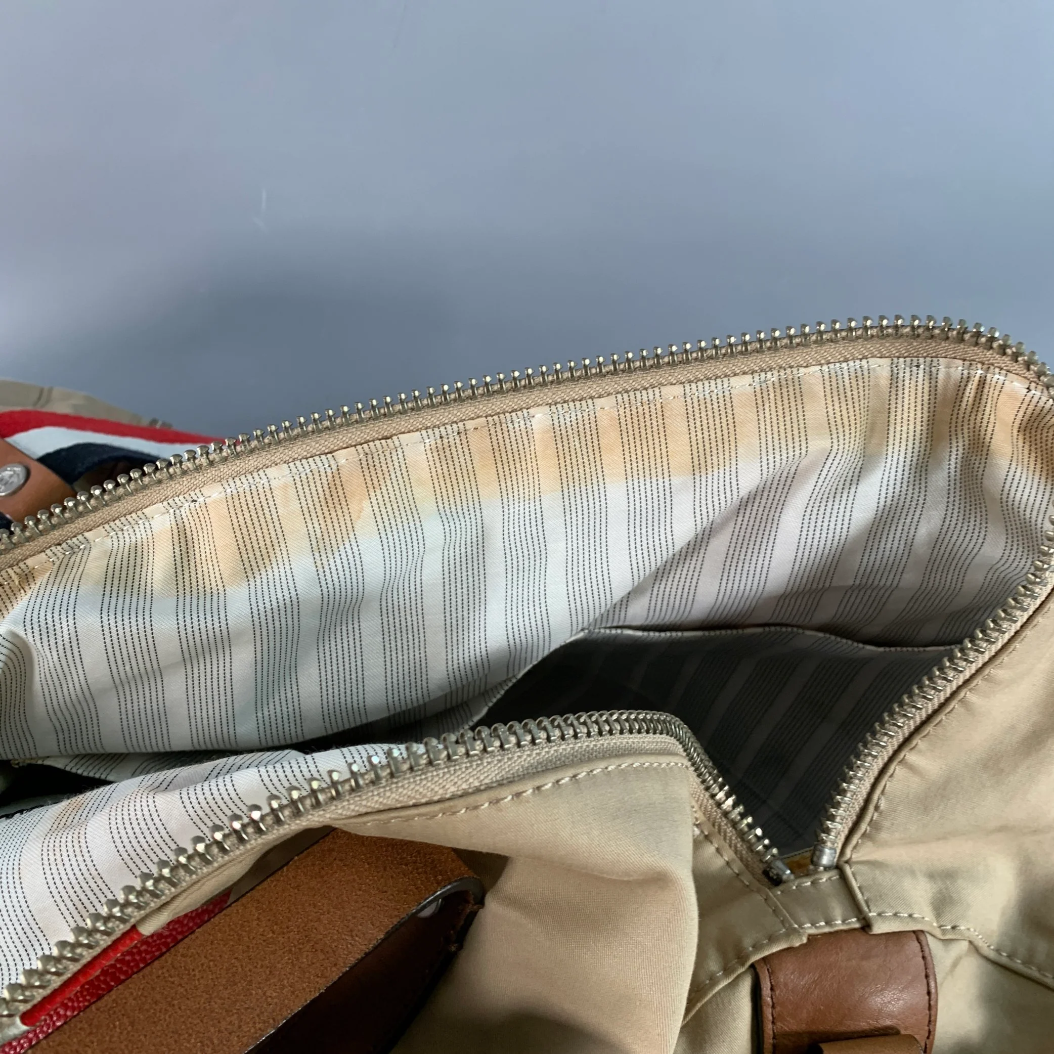 BLACK FLEECE Beige Multi Color Stripe Canvas Leather Duffle Bag - Image 15