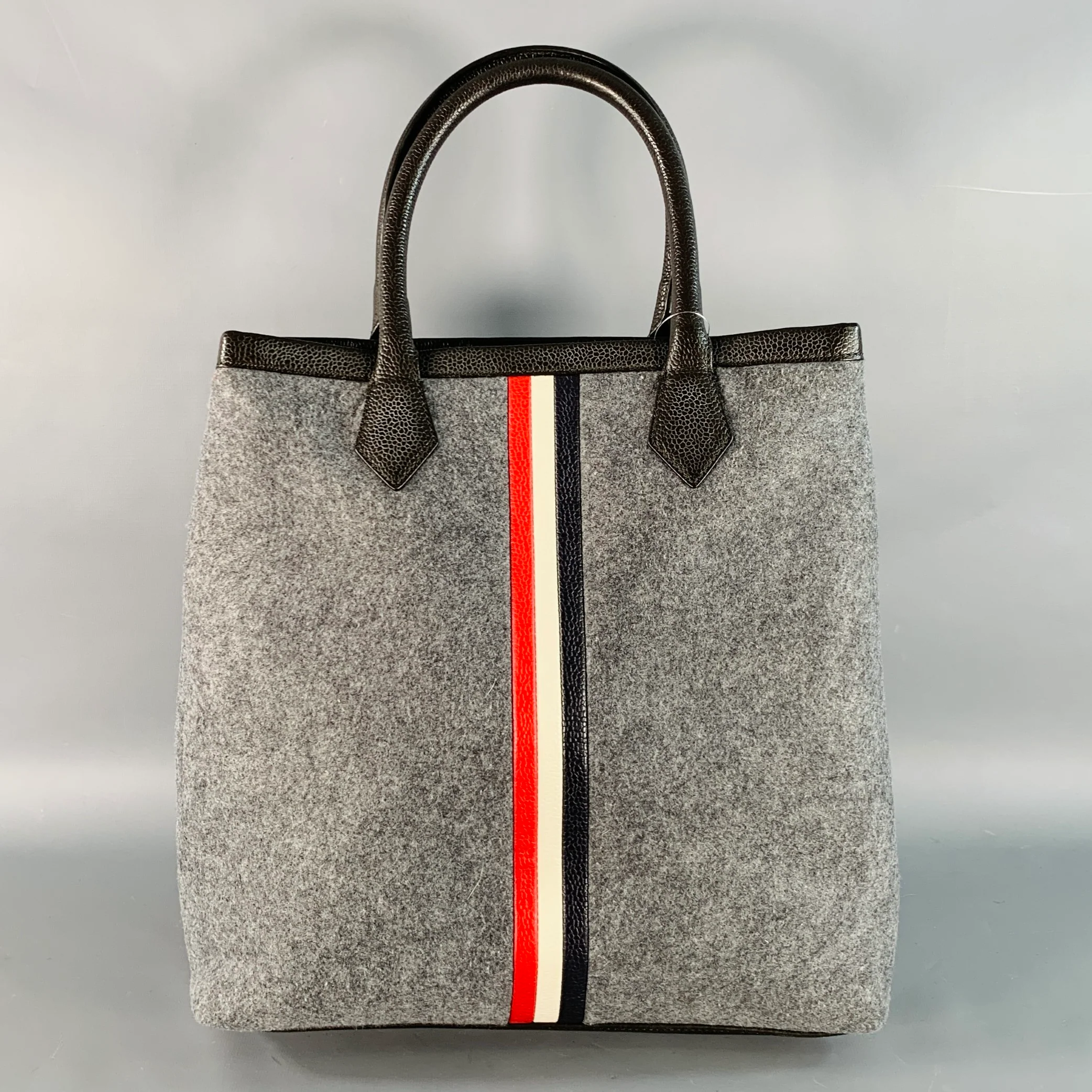 BLACK FLEECE Grey Brown Stripe Polyester Blend Flannel Top Handles Handbag - Image 3