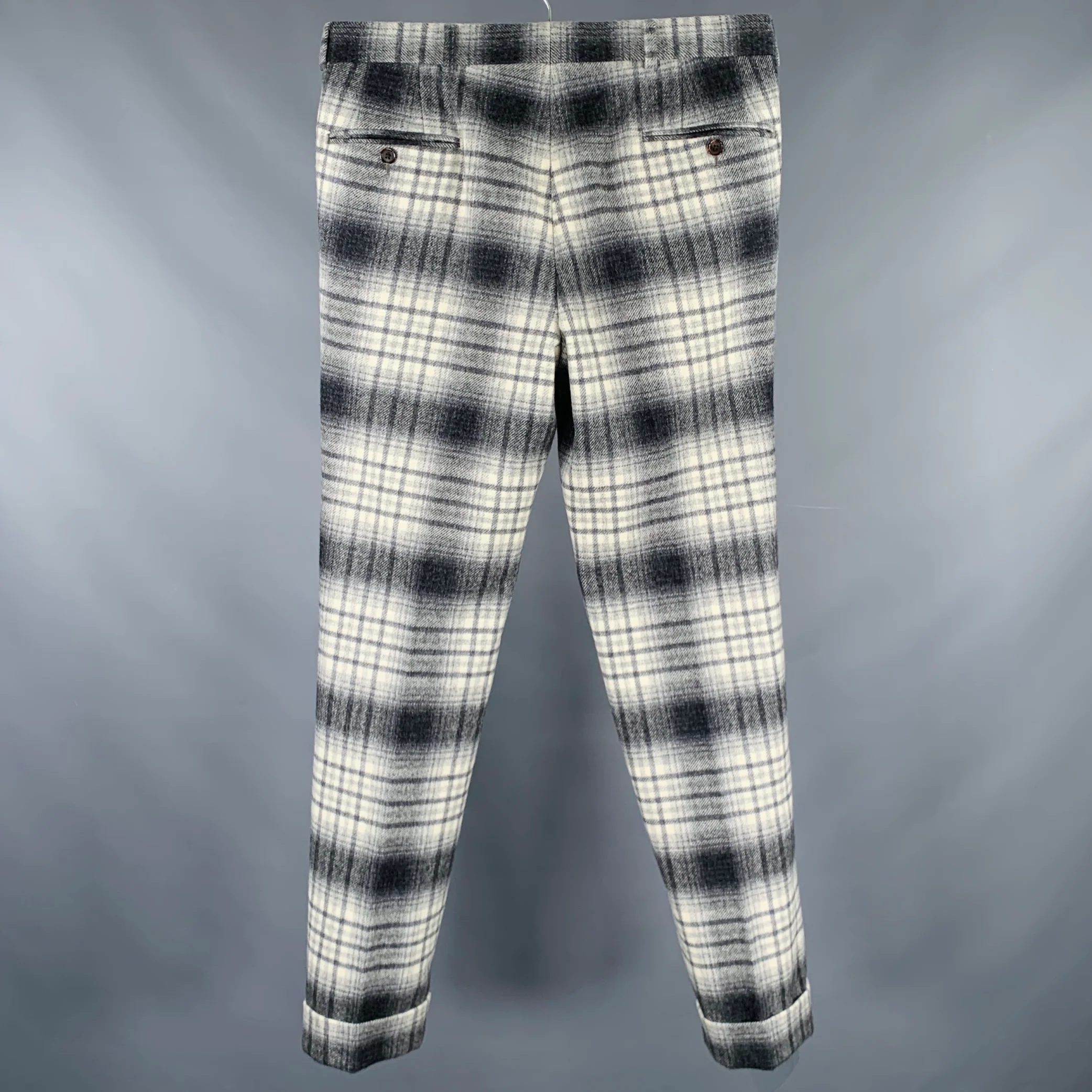 BLACK FLEECE Size 32 Grey White Plaid Wool Button Fly Dress Pants - Image 3