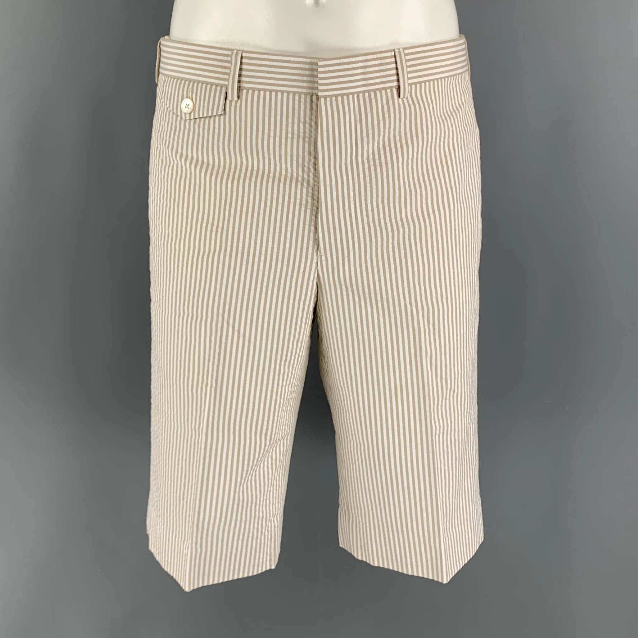 BLACK FLEECE Size 32 Khaki White Seersucker Cotton Button Fly Shorts
