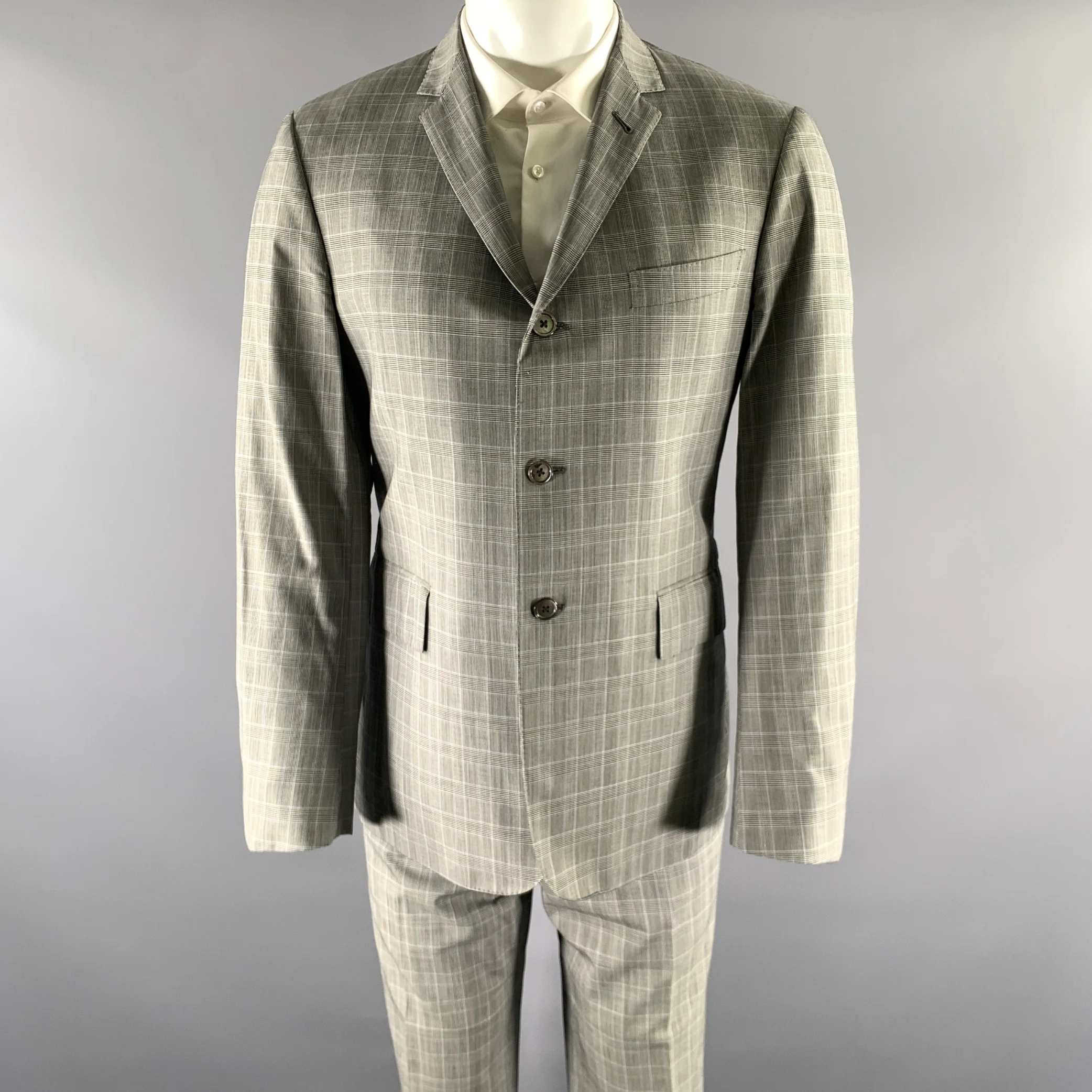 BLACK FLEECE Size 40 Grey Black Glen Check Wool Notch Lapel Suit