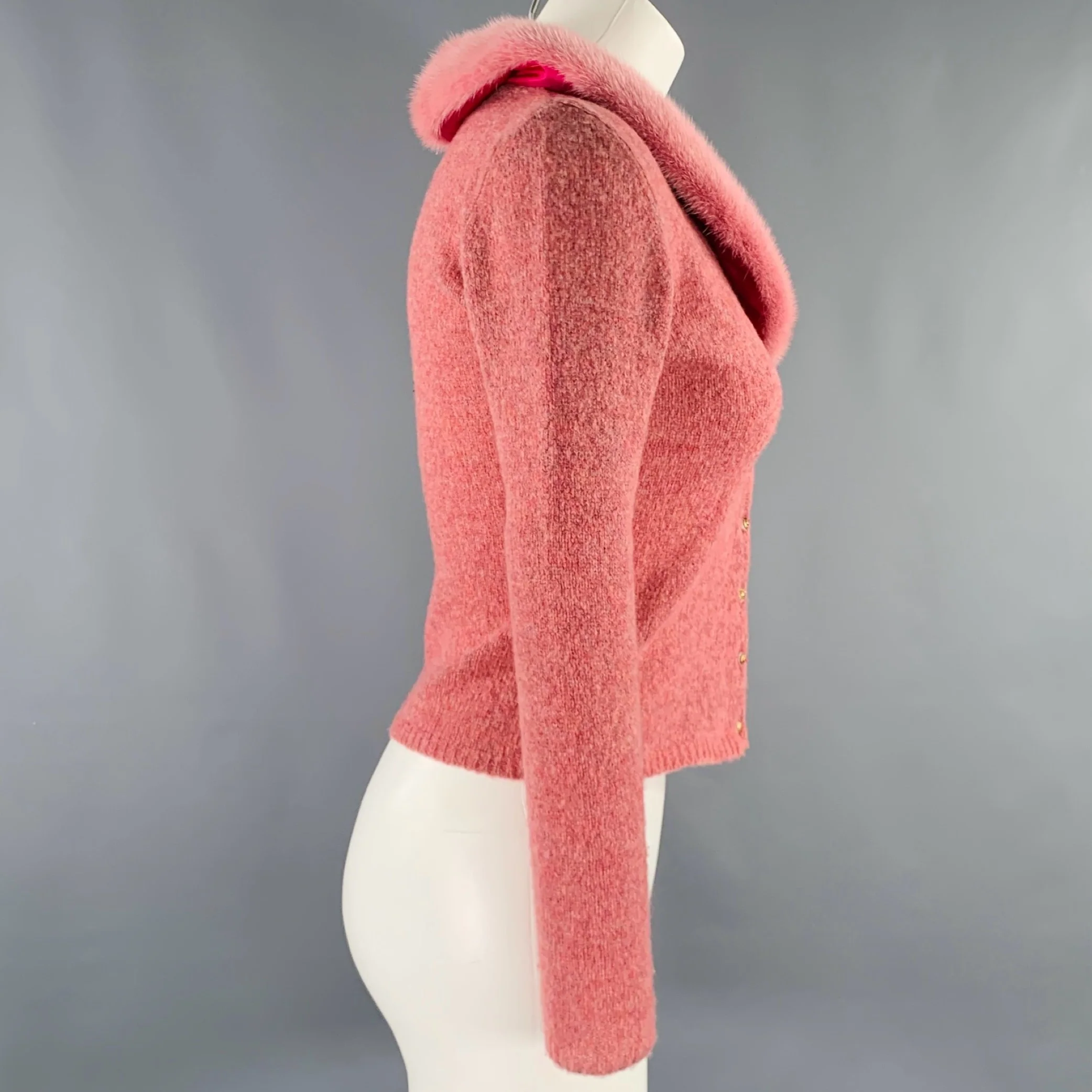 BLUMARINE Size 4 Pink Heather Wool Blend Fur Collar Cardigan - Image 3