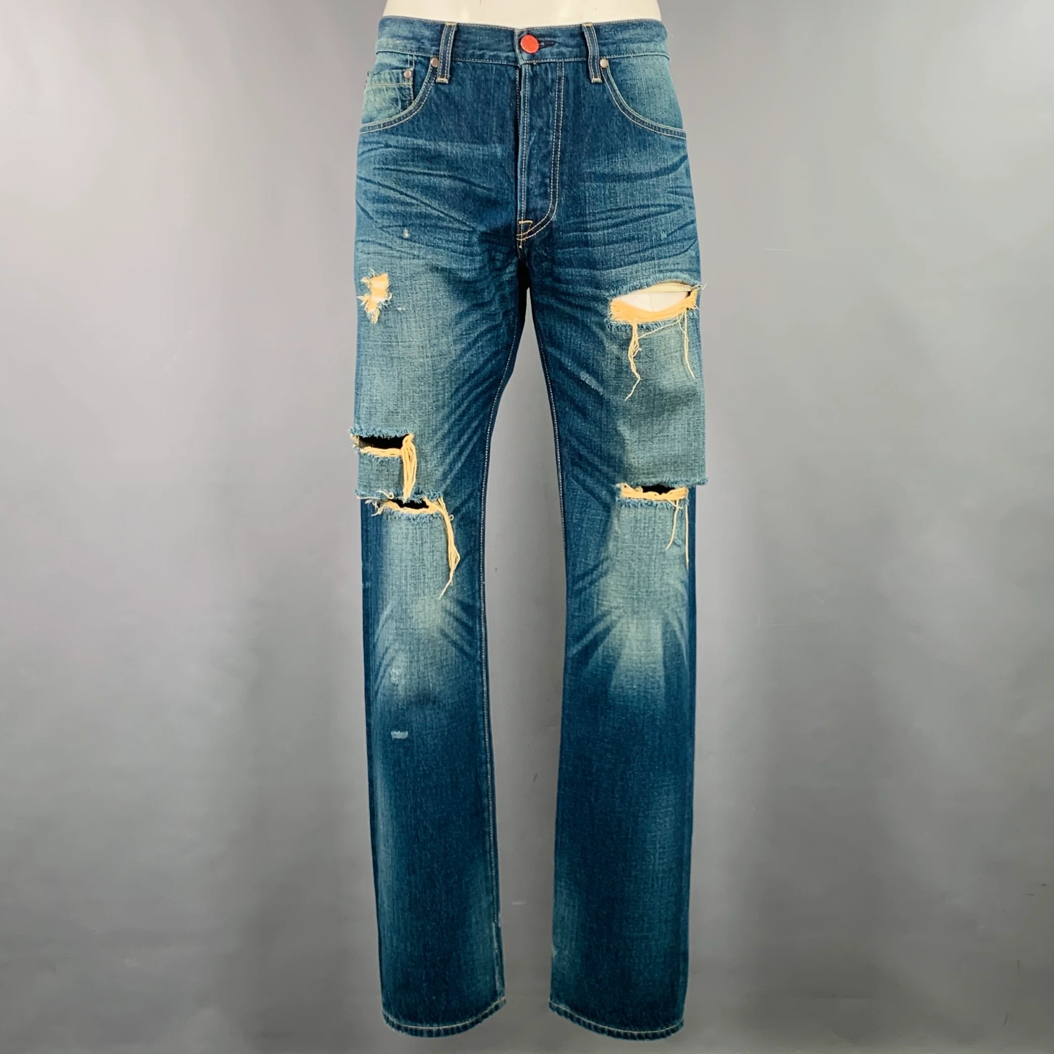 BLVCK SCVLE Size 36 Blue Distressed Button Fly Jeans