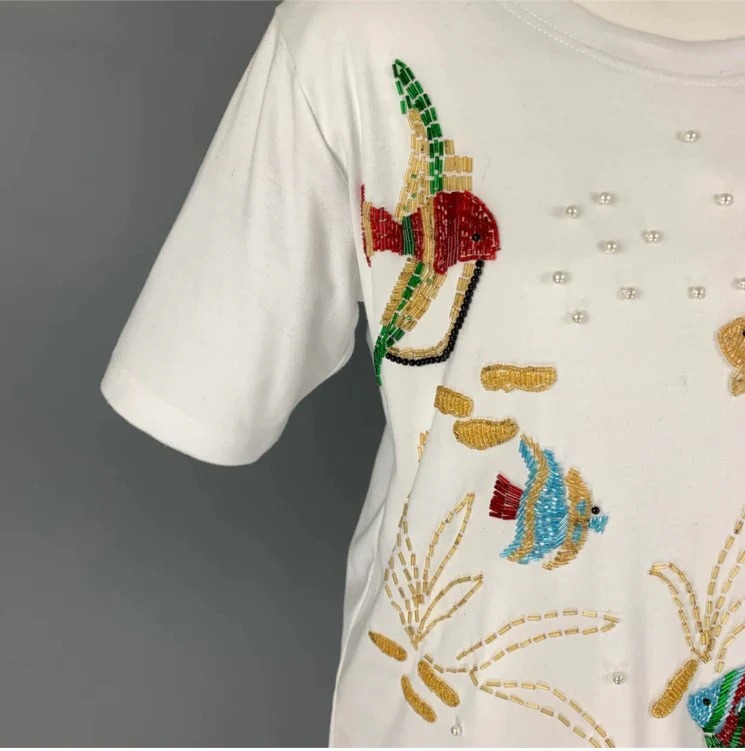 BOB MACKIE Size S White Polyester Cotton Beaded Fish Short Sleeve T-Shirt - Image 2