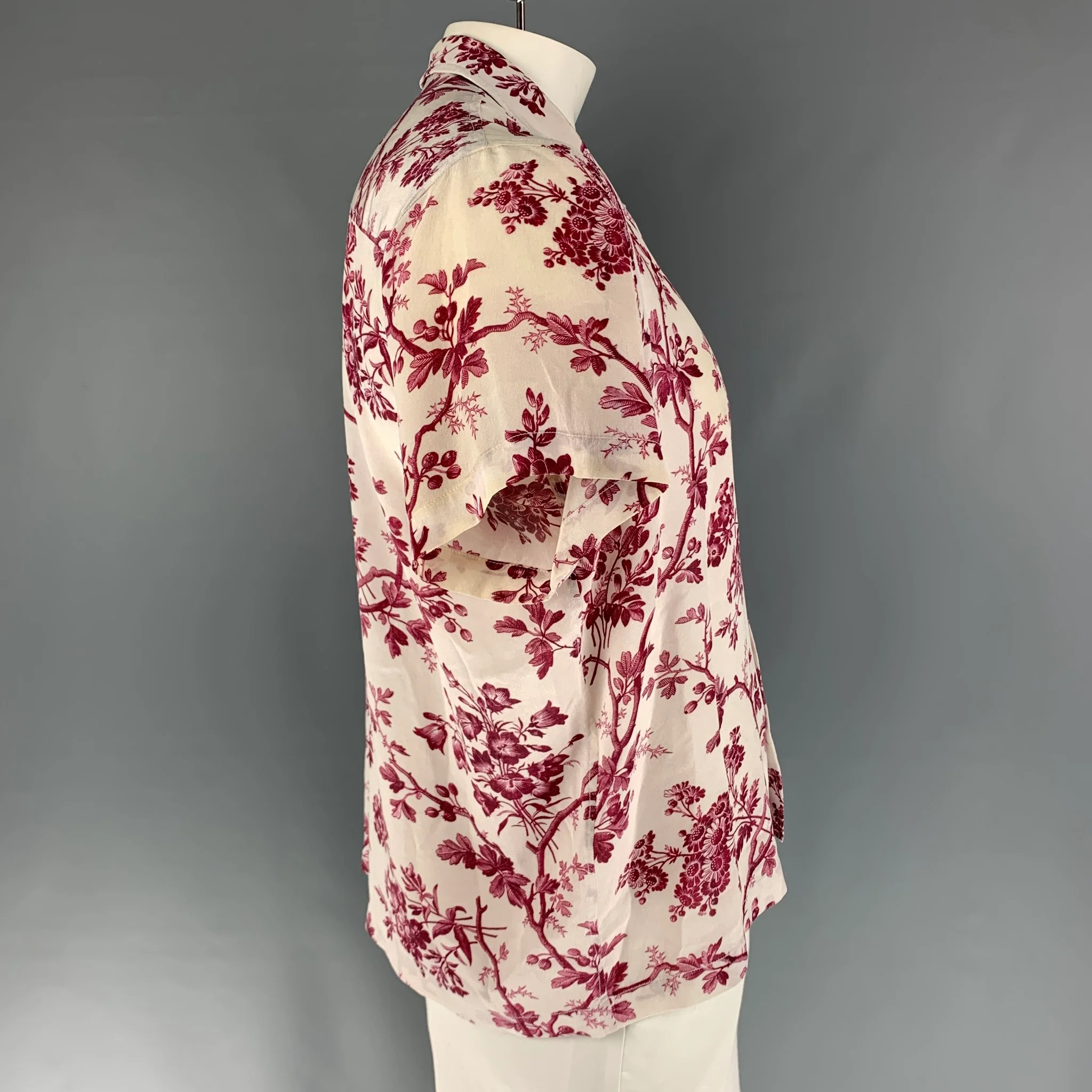 BODE Size L Off White Burgundy Floral Rayon Camp Short Sleeve Shirt - Image 3