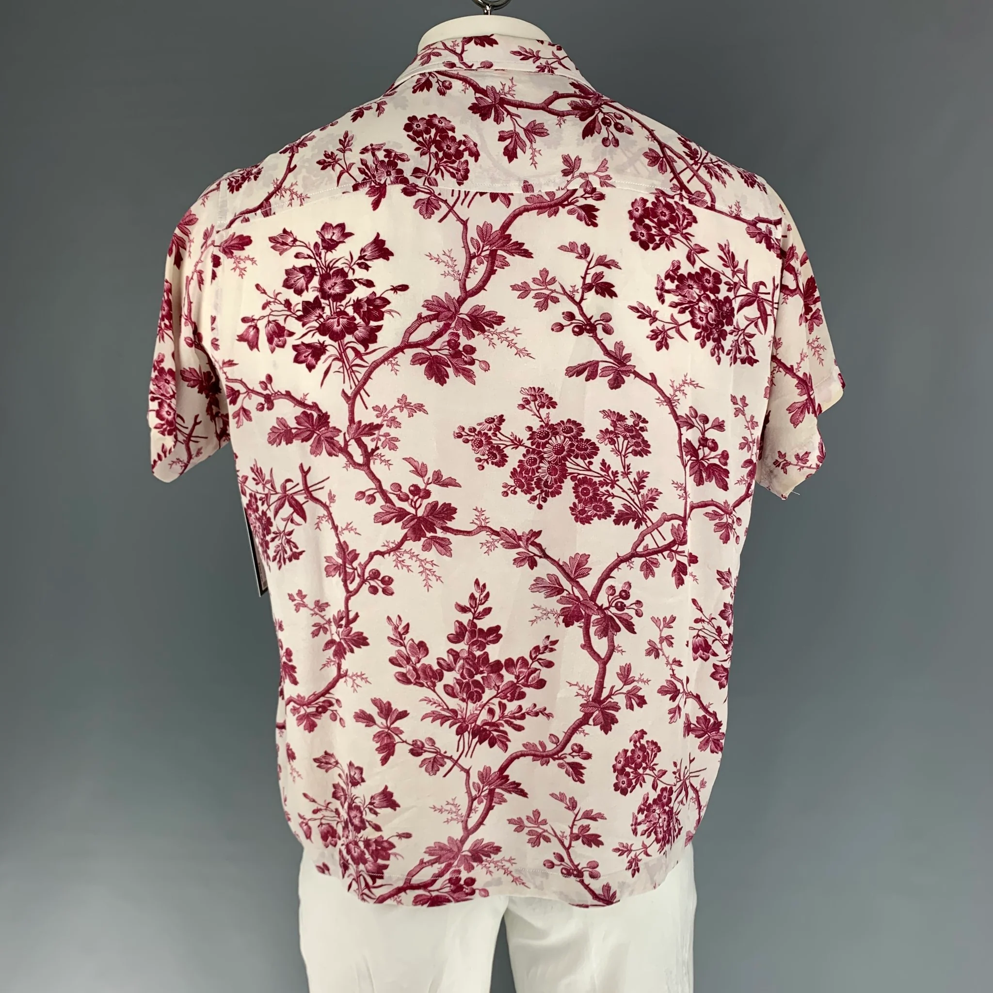 BODE Size L Off White Burgundy Floral Rayon Camp Short Sleeve Shirt - Image 4