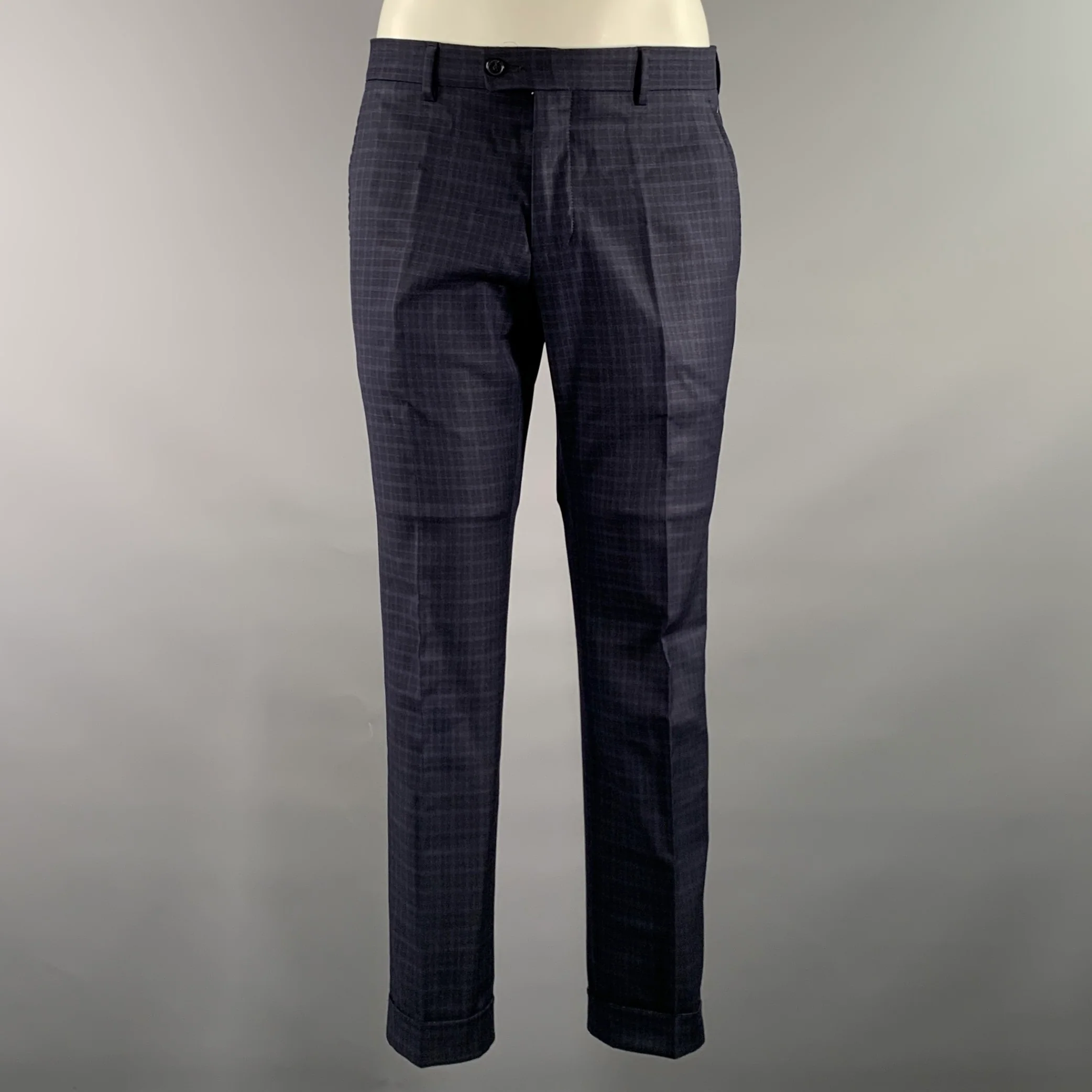 BOGGI Chest Size 36 Navy Blue Tartan Wool Notch Lapel 34 28 Suit - Image 5