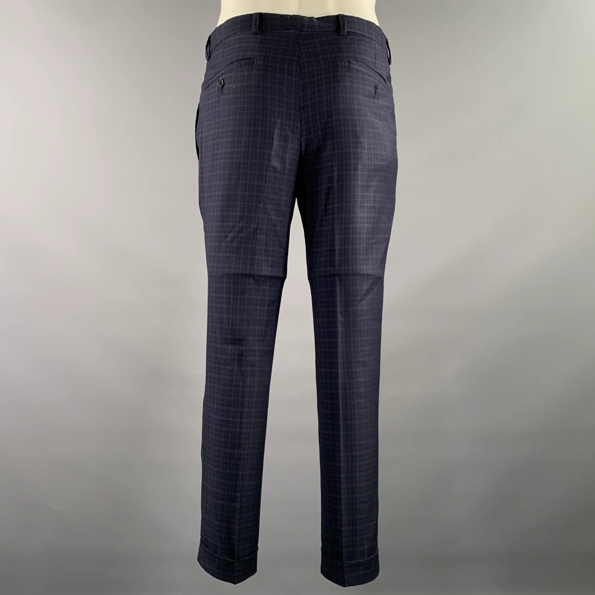 BOGGI Chest Size 36 Navy Blue Tartan Wool Notch Lapel 34 28 Suit - Image 6