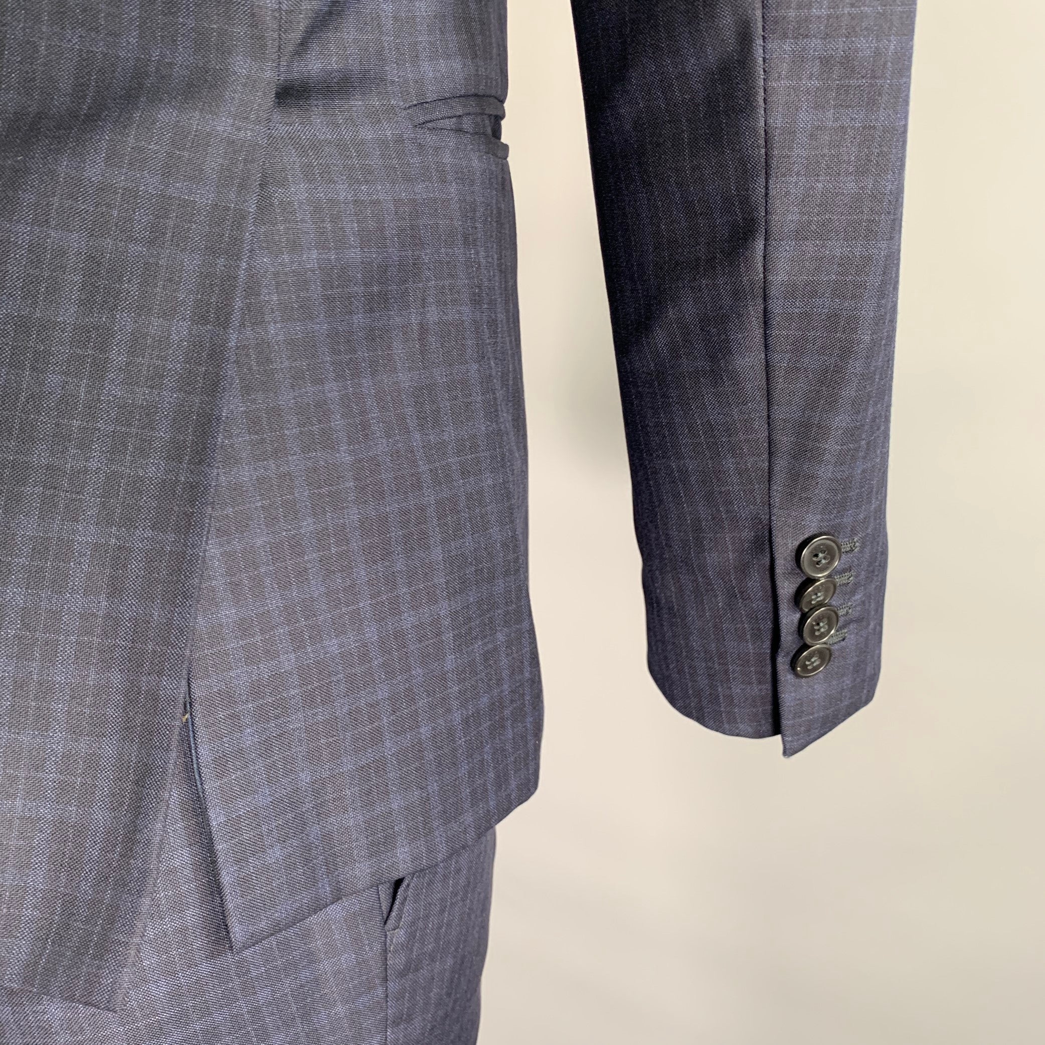 BOGGI Chest Size 36 Navy Blue Tartan Wool Notch Lapel 34 28 Suit - Image 7