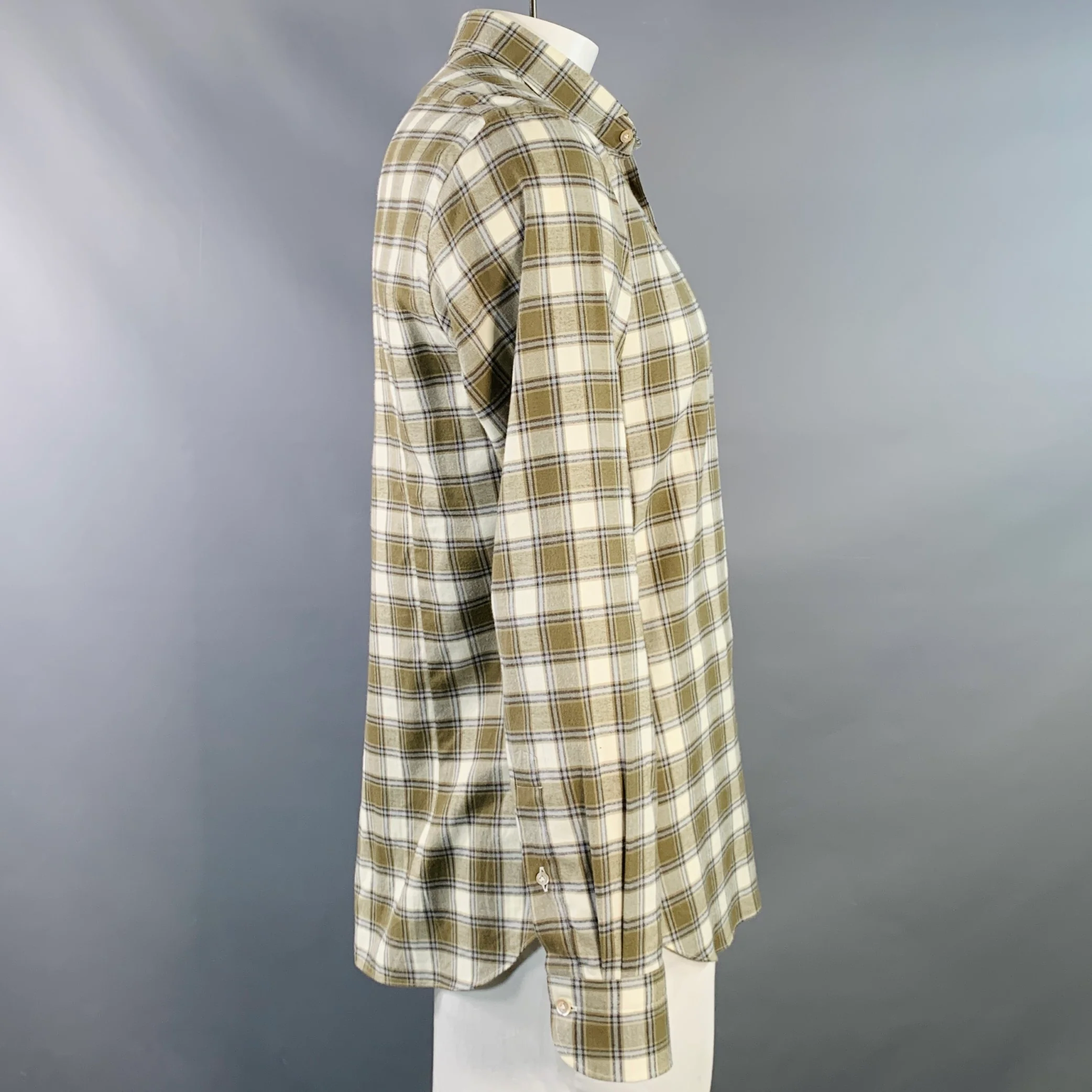 BOGLIOLI Size L Cream Olive Plaid Cotton Twill Spread Collar Long Sleeve Shirt - Image 3