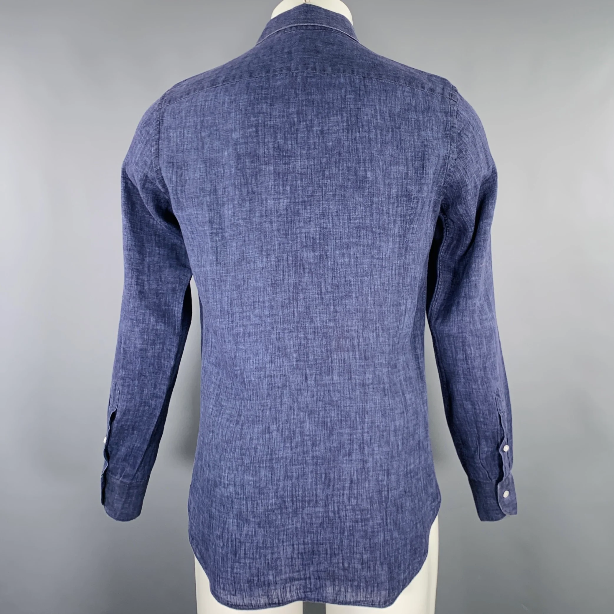 BOGLIOLI Size M Blue Indigo Spread Collar Long Sleeve Shirt - Image 3