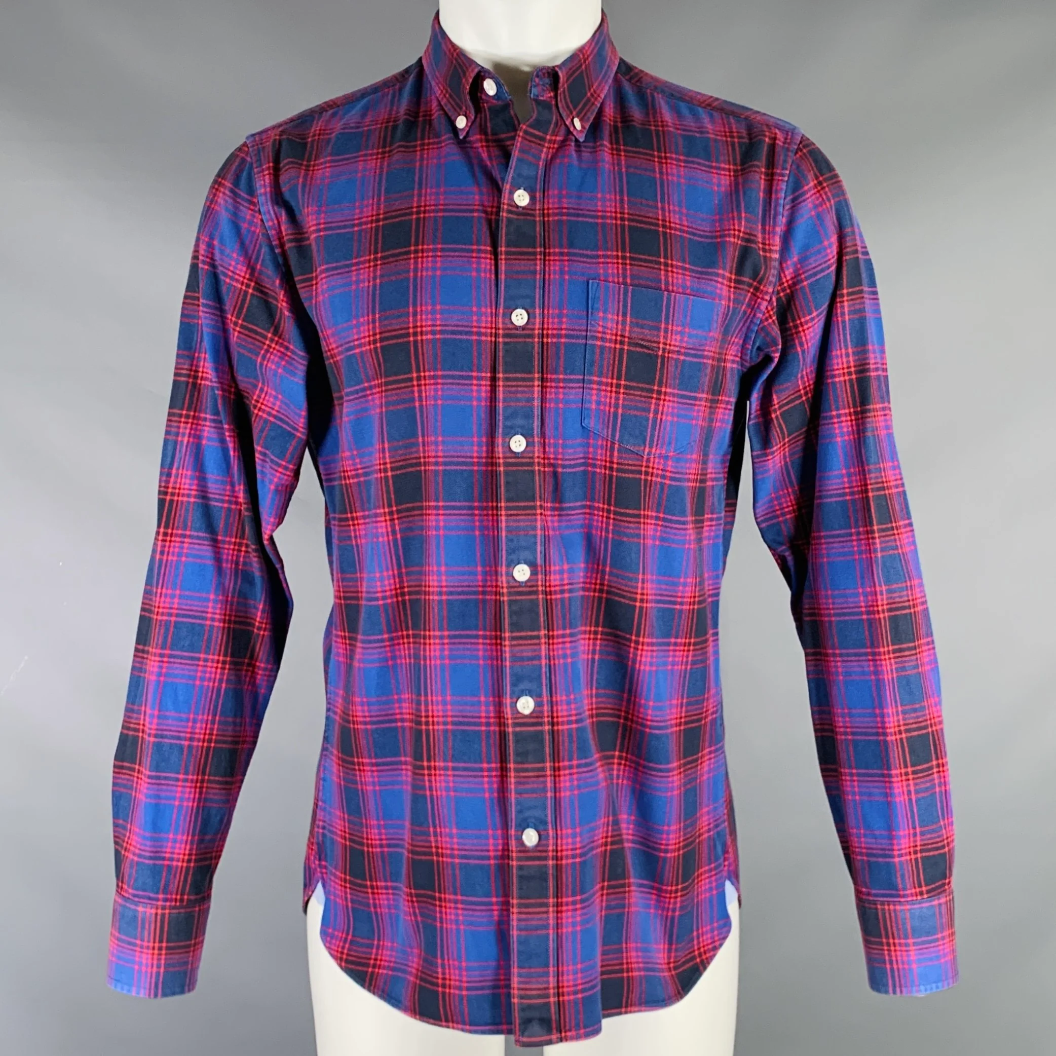 BONOBOS Size M Blue Red Plaid Cotton One Pocket Long Sleeve Shirt