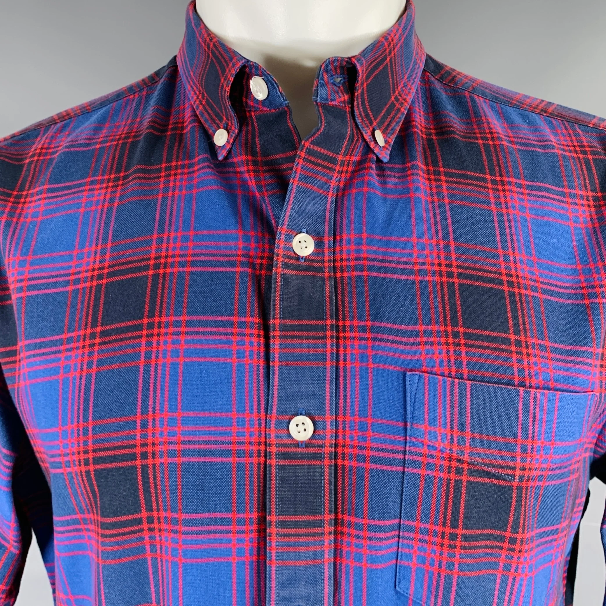 BONOBOS Size M Blue Red Plaid Cotton One Pocket Long Sleeve Shirt - Image 2