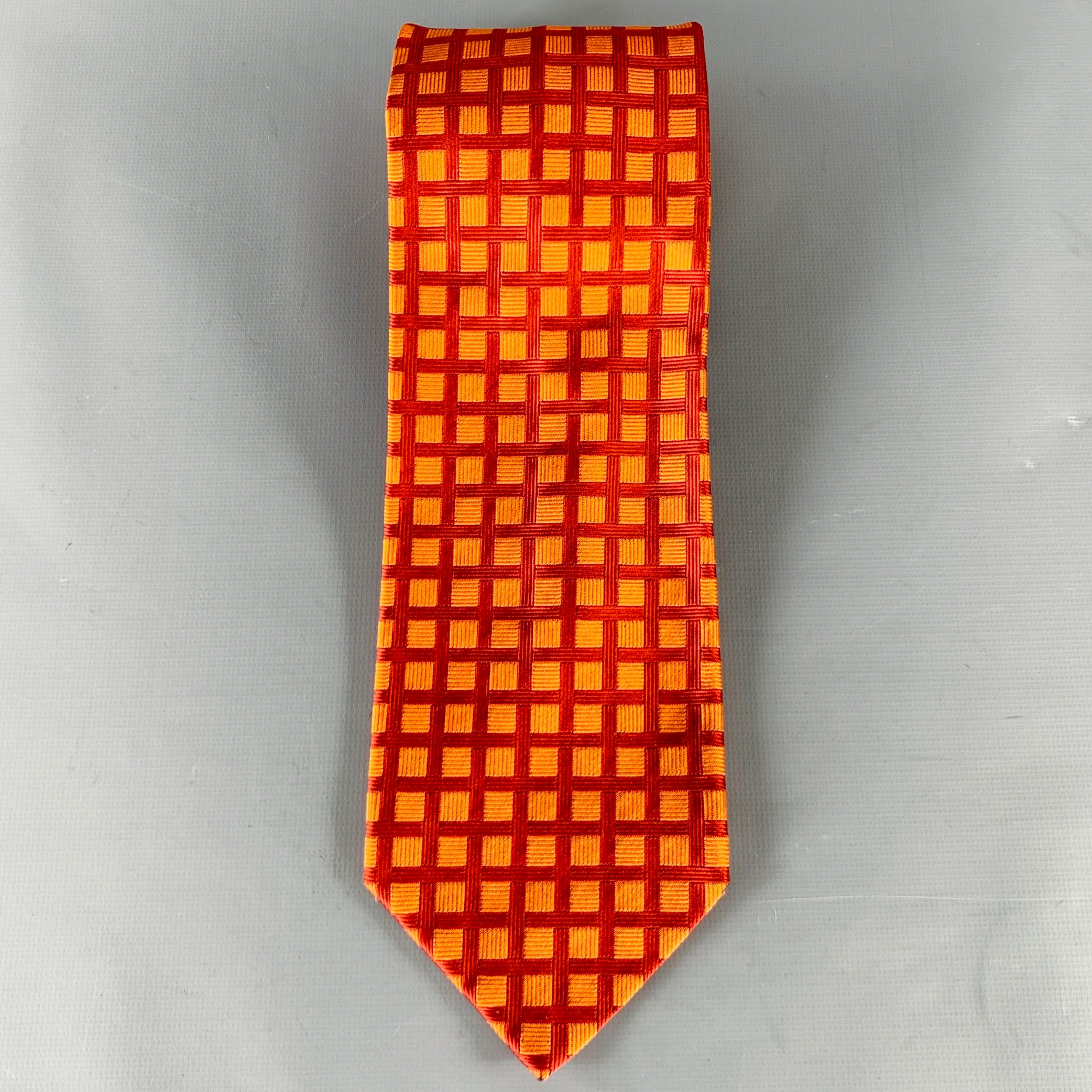 BORRELLI Orange Red Checkered Silk Jacquard Tie - Image 2