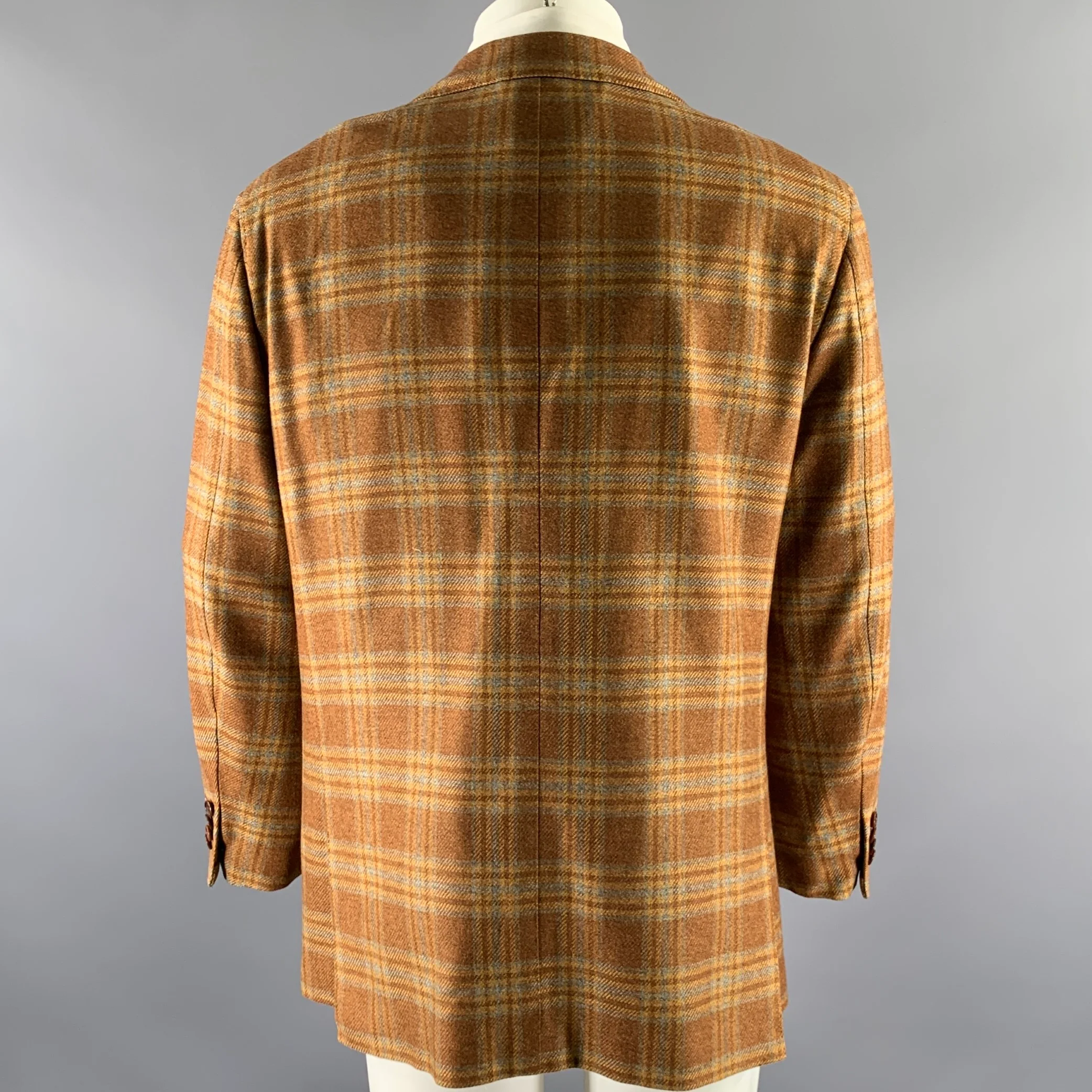BORRELLI Size 44 Brown Camel Plaid Cashmere Notch Lapel Sport Coat - Image 4
