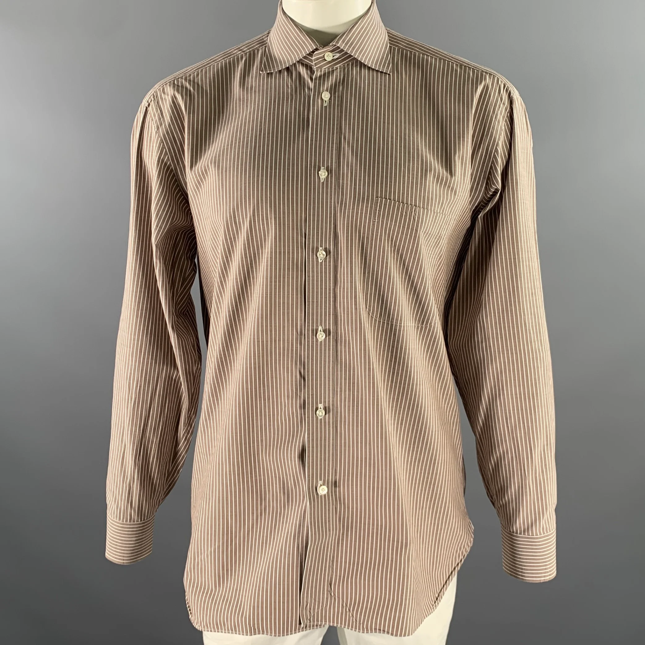 BORRELLI Size L Brown White Stripe Cotton Long Sleeve Shirt
