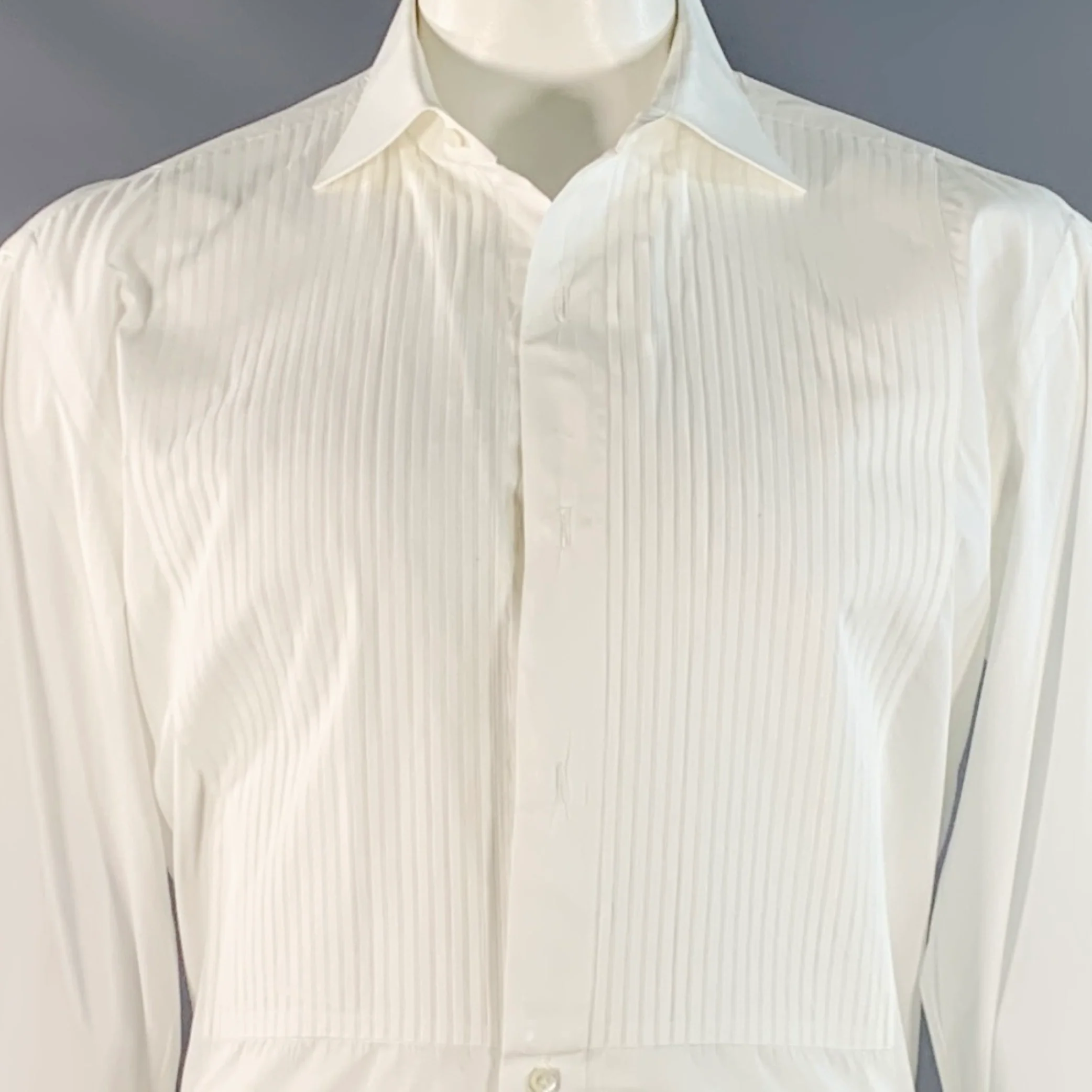 BORRELLI Size L White Pleated Cotton French Cuffs Tuxedo Long Sleeve Shirt - Image 2