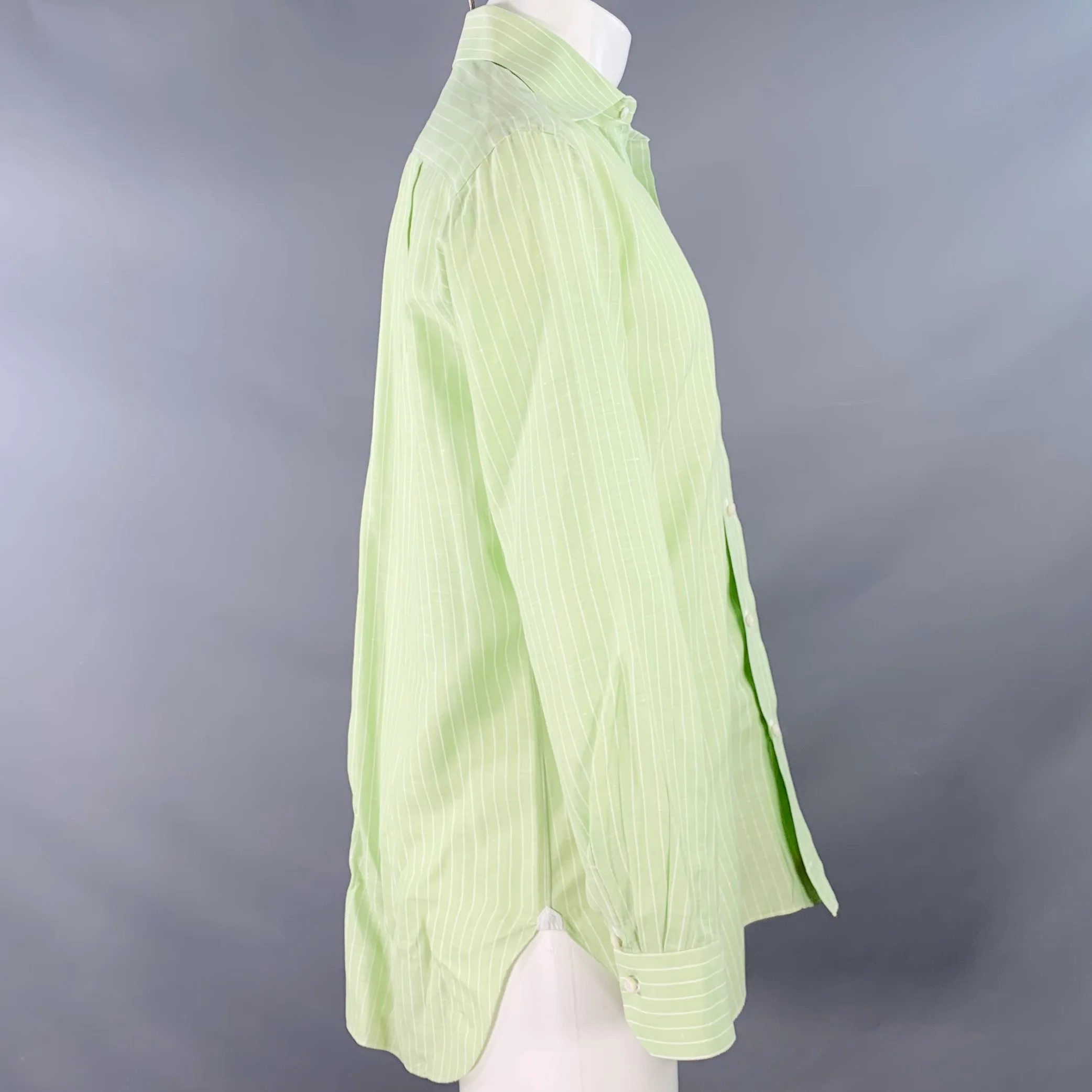 BORRELLI Size M Green White Stripe Cotton Linen Long Sleeve Shirt - Image 3