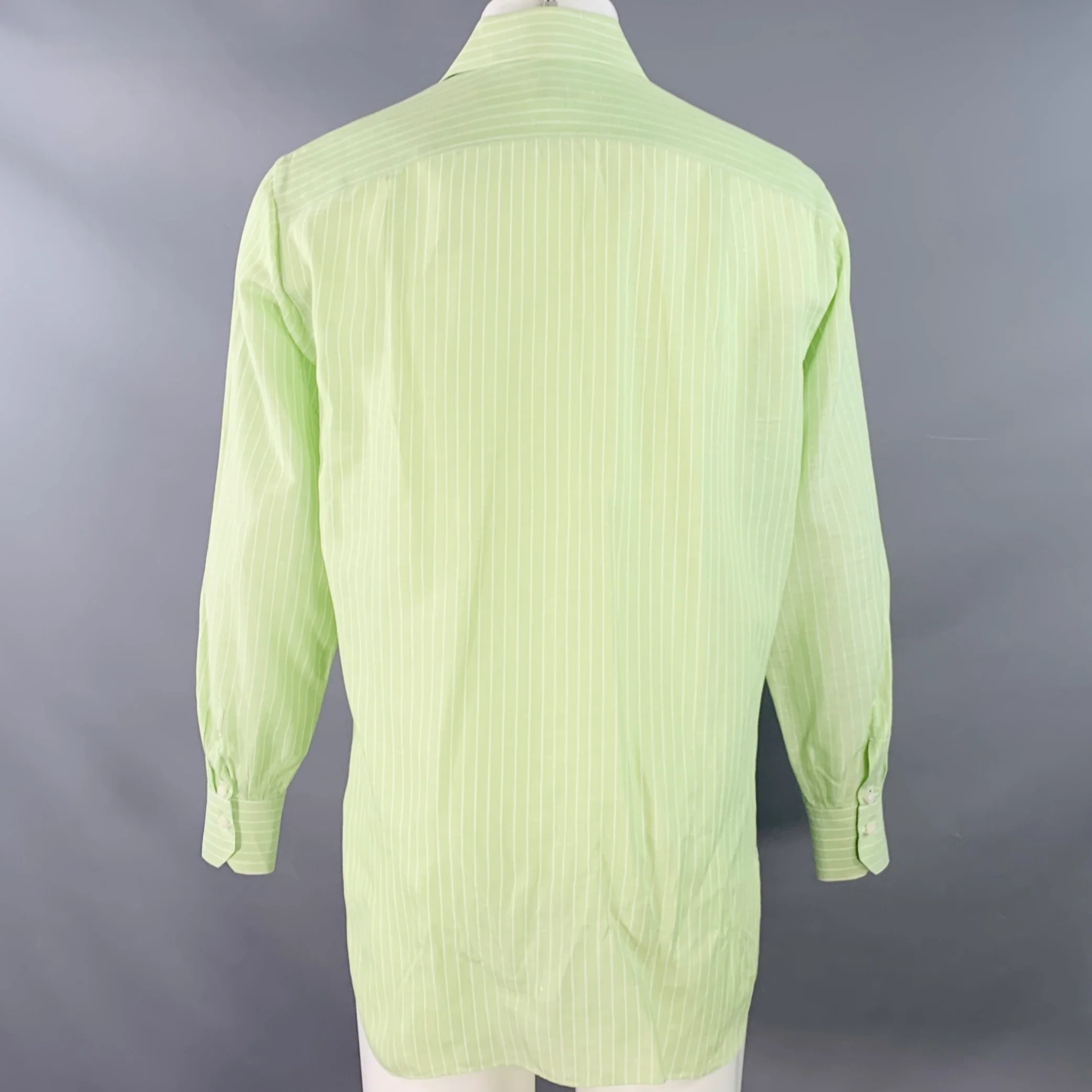 BORRELLI Size M Green White Stripe Cotton Linen Long Sleeve Shirt - Image 4