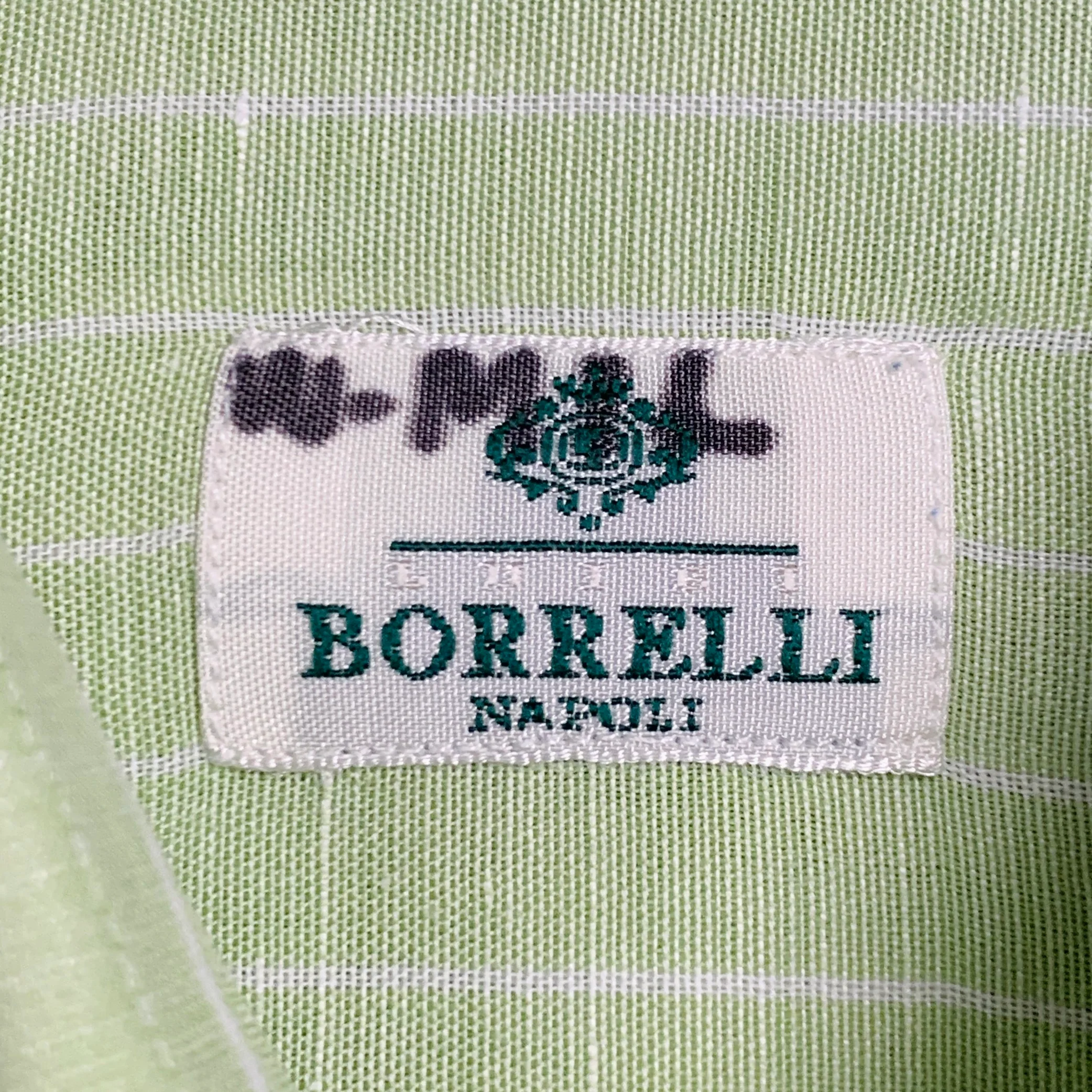 BORRELLI Size M Green White Stripe Cotton Linen Long Sleeve Shirt - Image 5