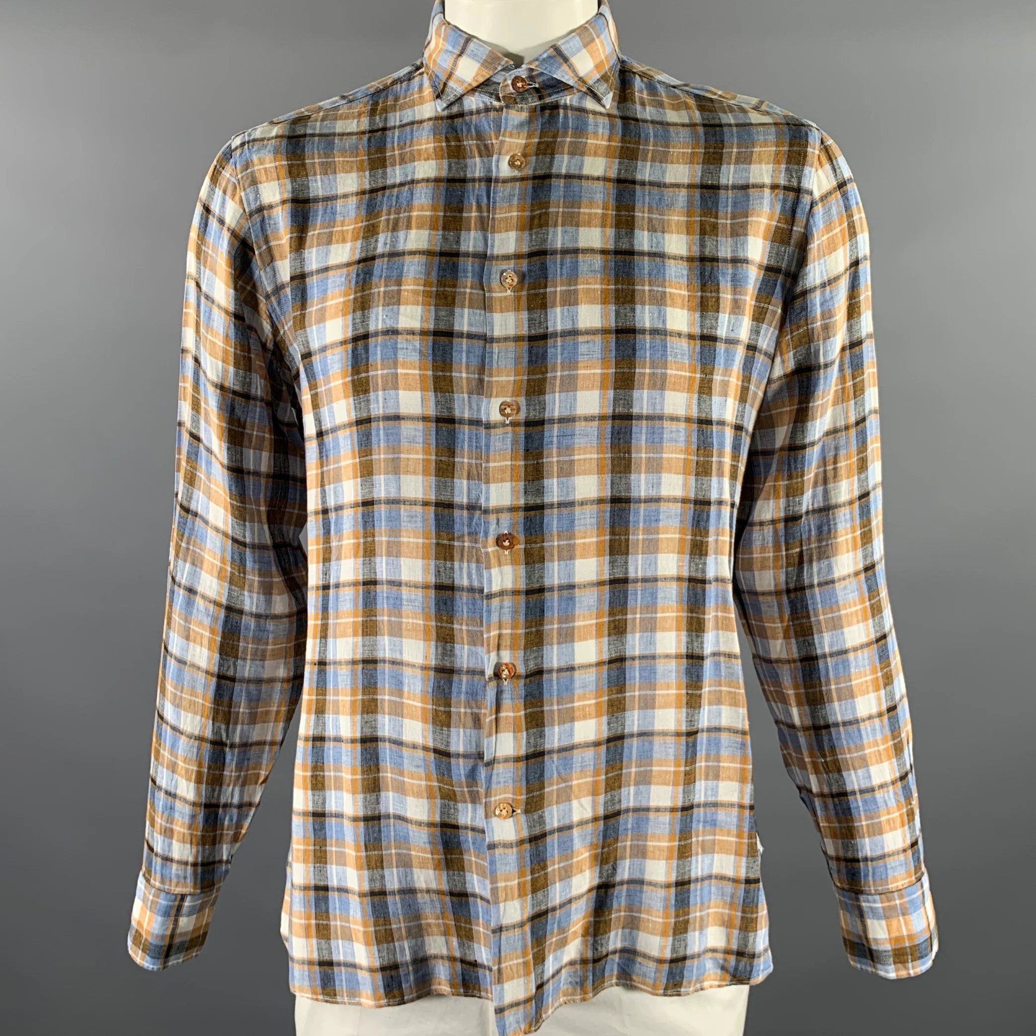 BORRIELLO Size XL Blue Orange White Plaid Linen Spread Collar Long Sleeve Shirt