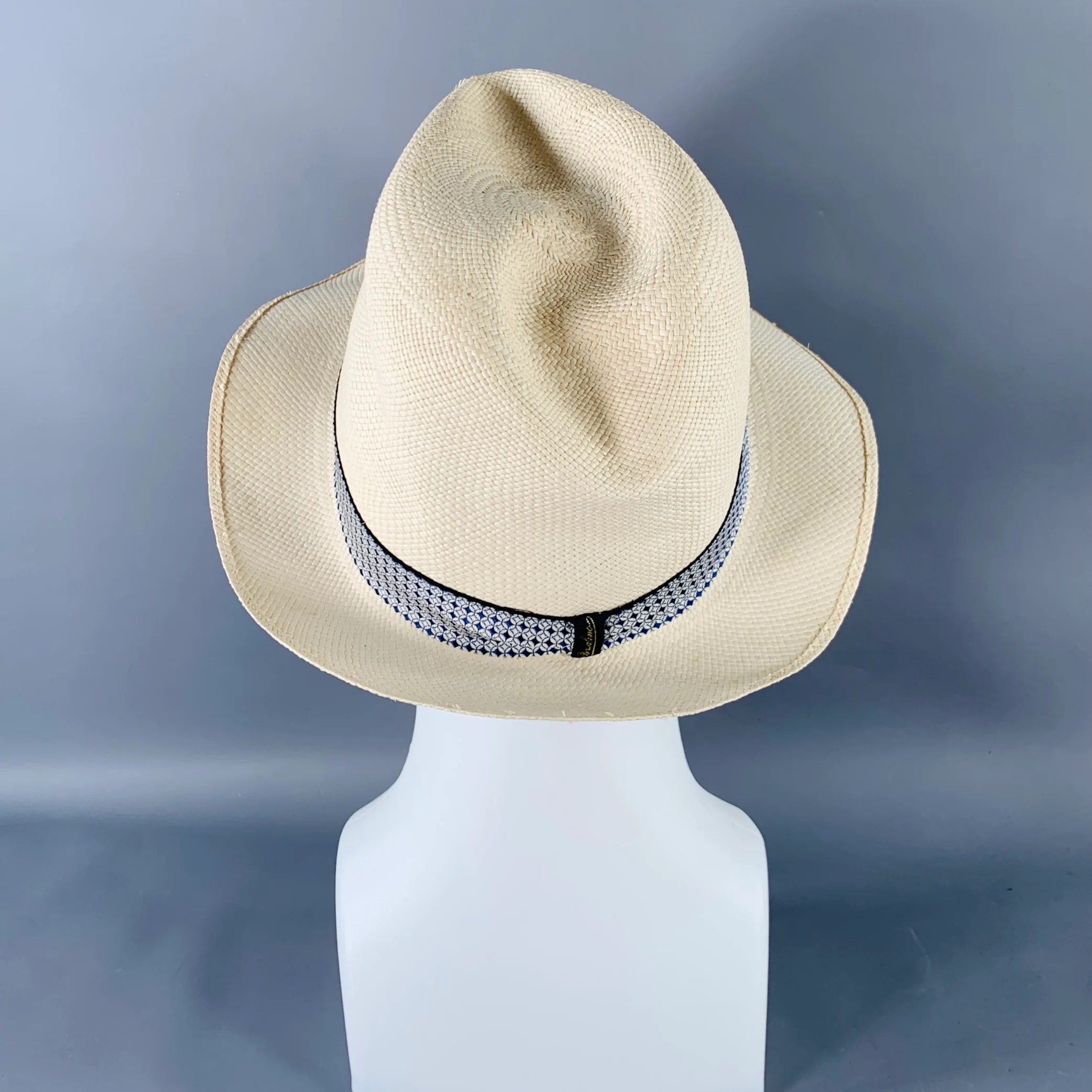 BORSALINO x PORK PIE HATTERS Cream Blue Woven Straw Fedora Hat - Image 4