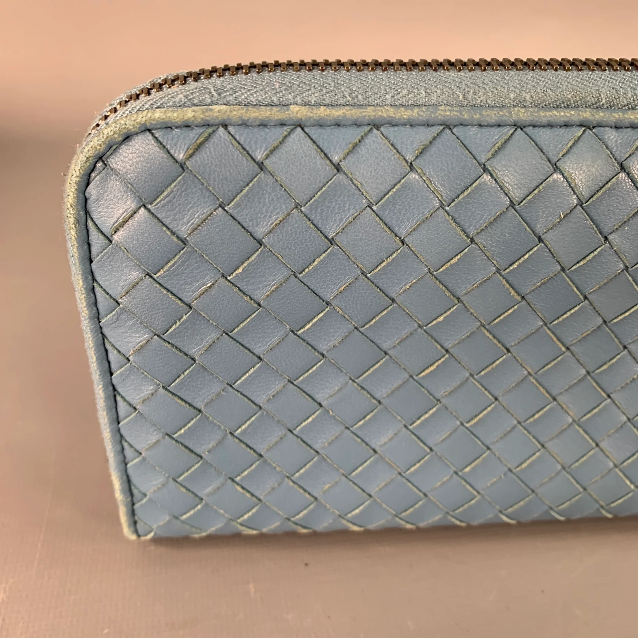 BOTTEGA VENETA Blue Woven Intrecchiato Leather Zipper Checkbook Wallet - Image 6