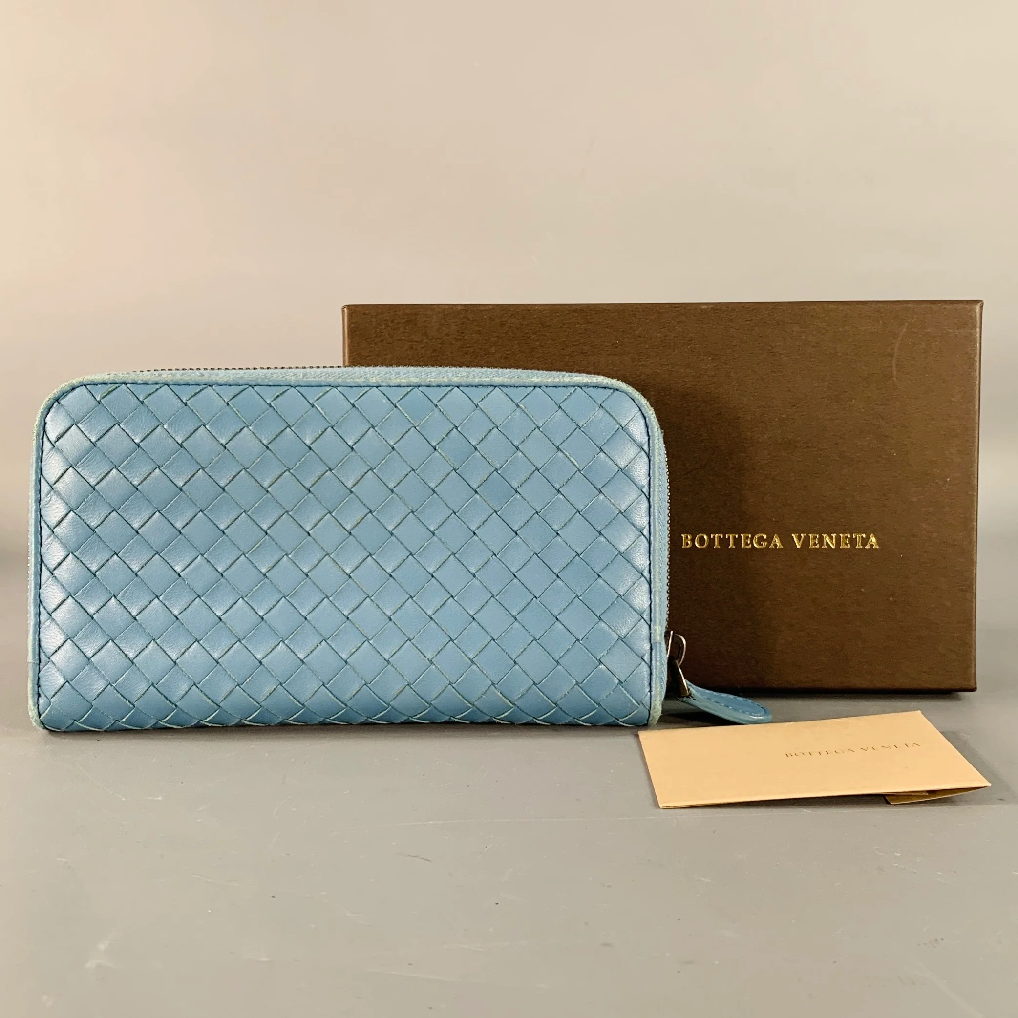 BOTTEGA VENETA Blue Woven Intrecchiato Leather Zipper Checkbook Wallet - Image 9