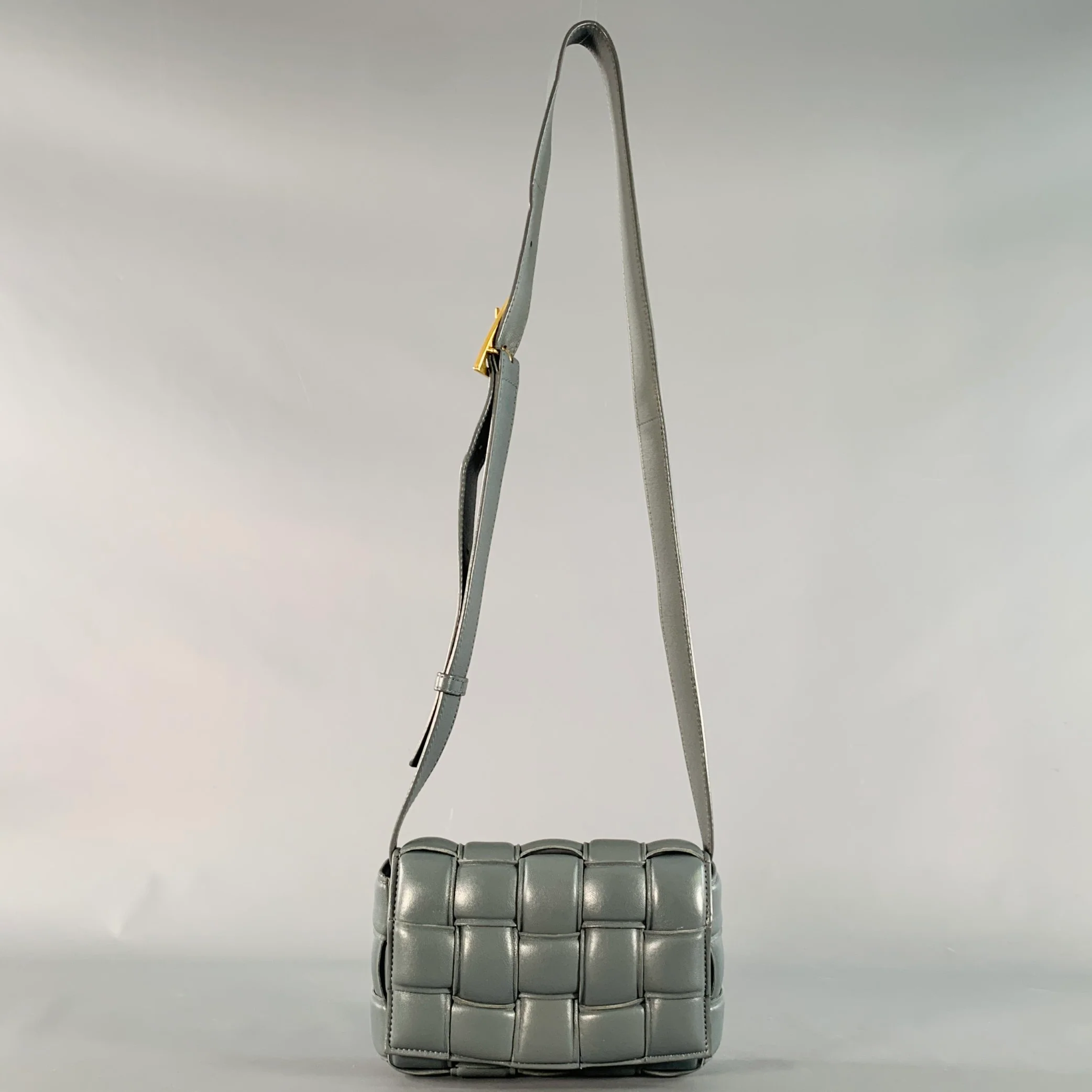 BOTTEGA VENETA Mini Padded Cassette Grey Woven Lambskin Leather Crossbody Handbag