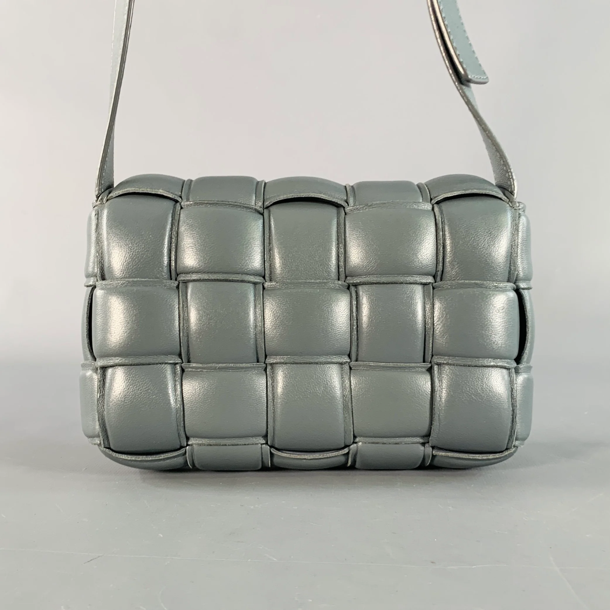 BOTTEGA VENETA Mini Padded Cassette Grey Woven Lambskin Leather Crossbody Handbag - Image 4