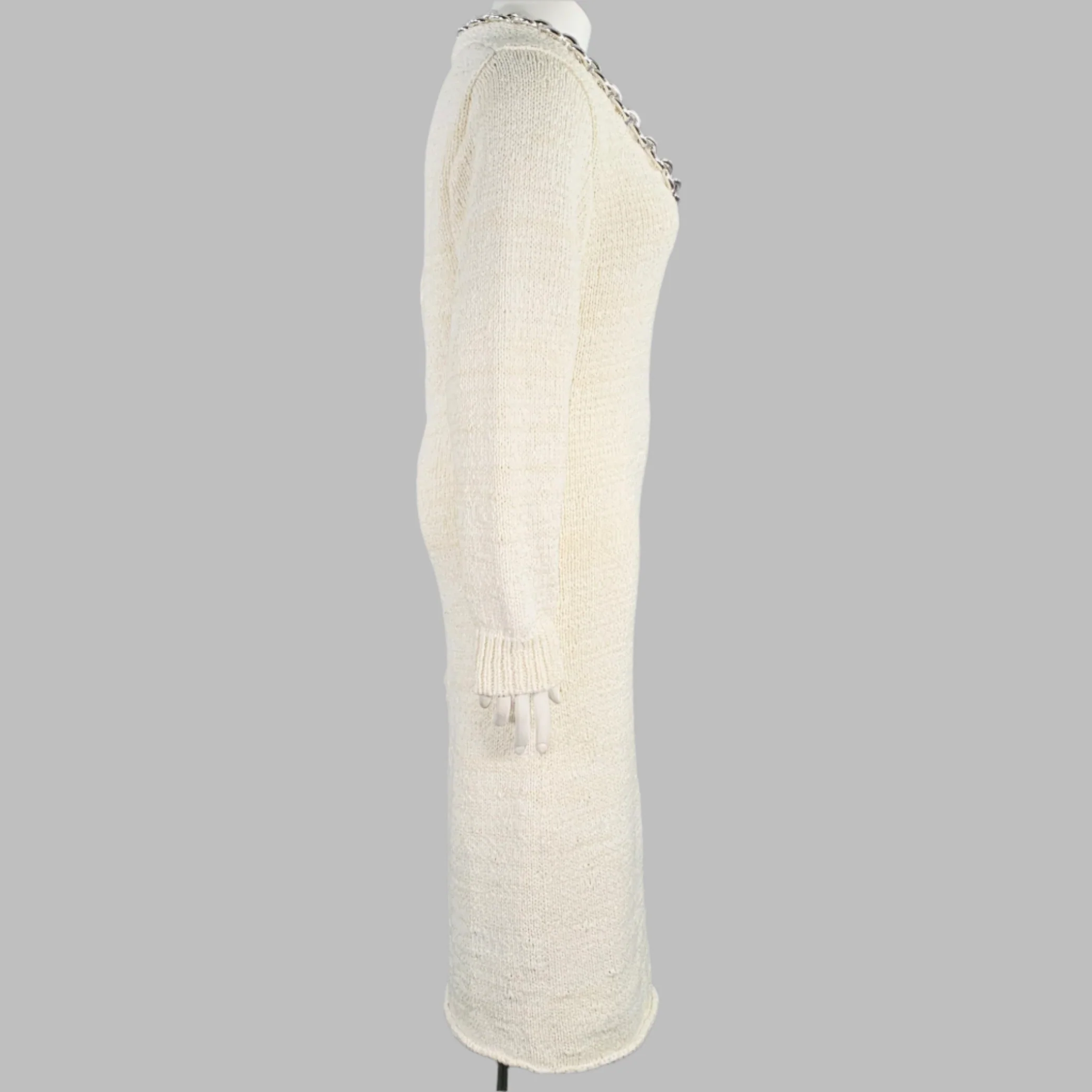 BOTTEGA VENETA Pre-Fall 2020 Size L Beige Silver Cotton Blend Chain Long Sleeve Dress - Image 3