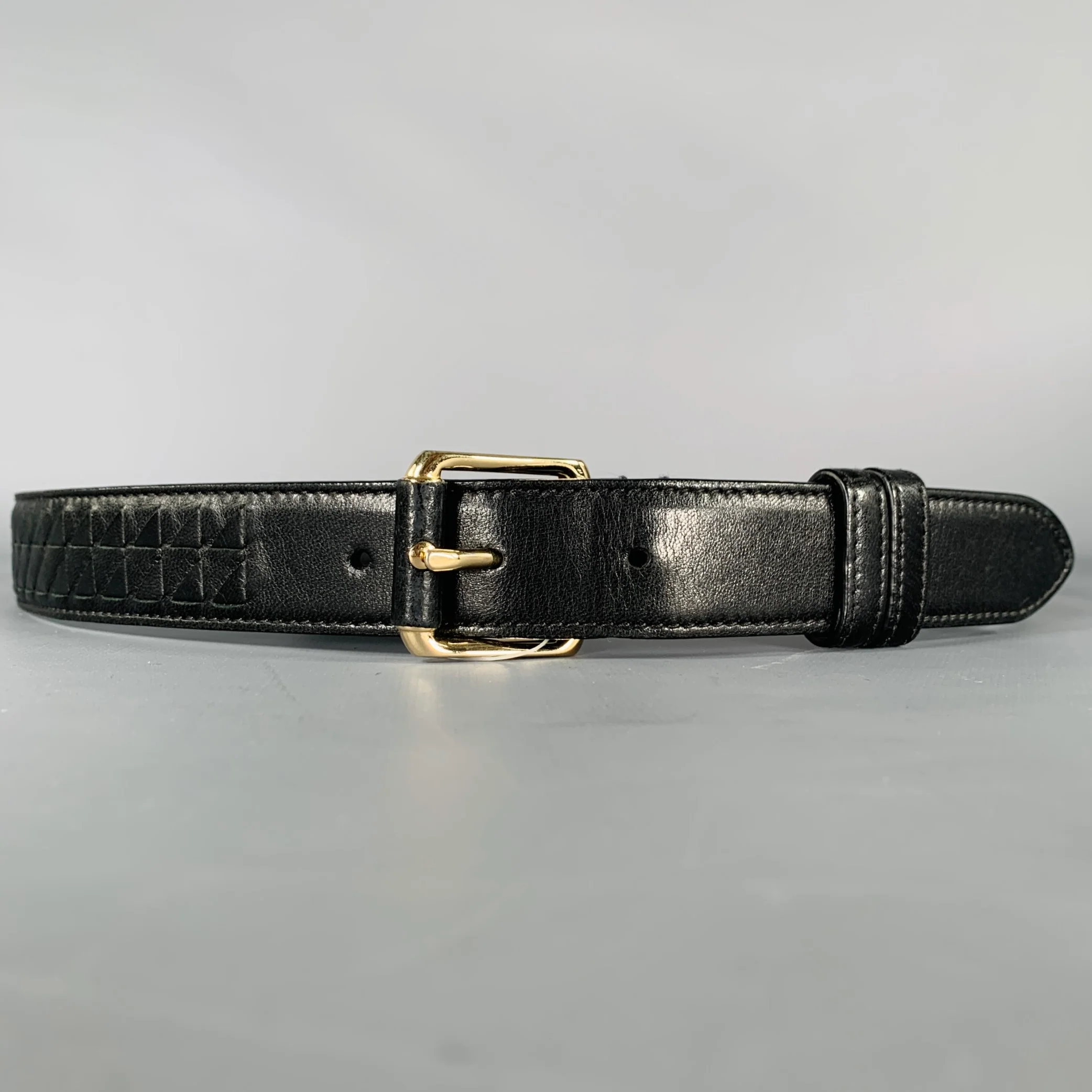 BOTTEGA VENETA Size 34 Black Gold Woven Leather Belt