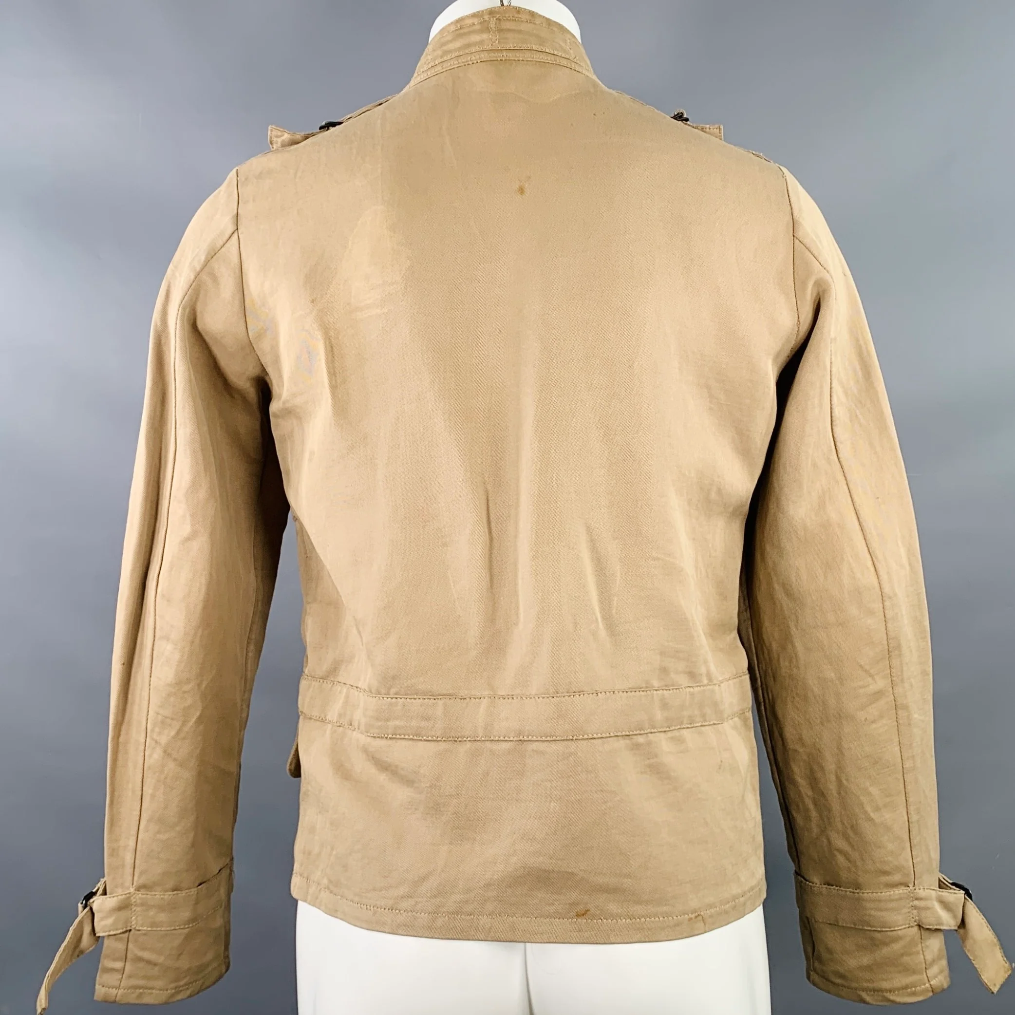 BOTTEGA VENETA Size 40 Khaki Linen Cotton Twill Buckles Zip Up Bondage Jacket - Image 3