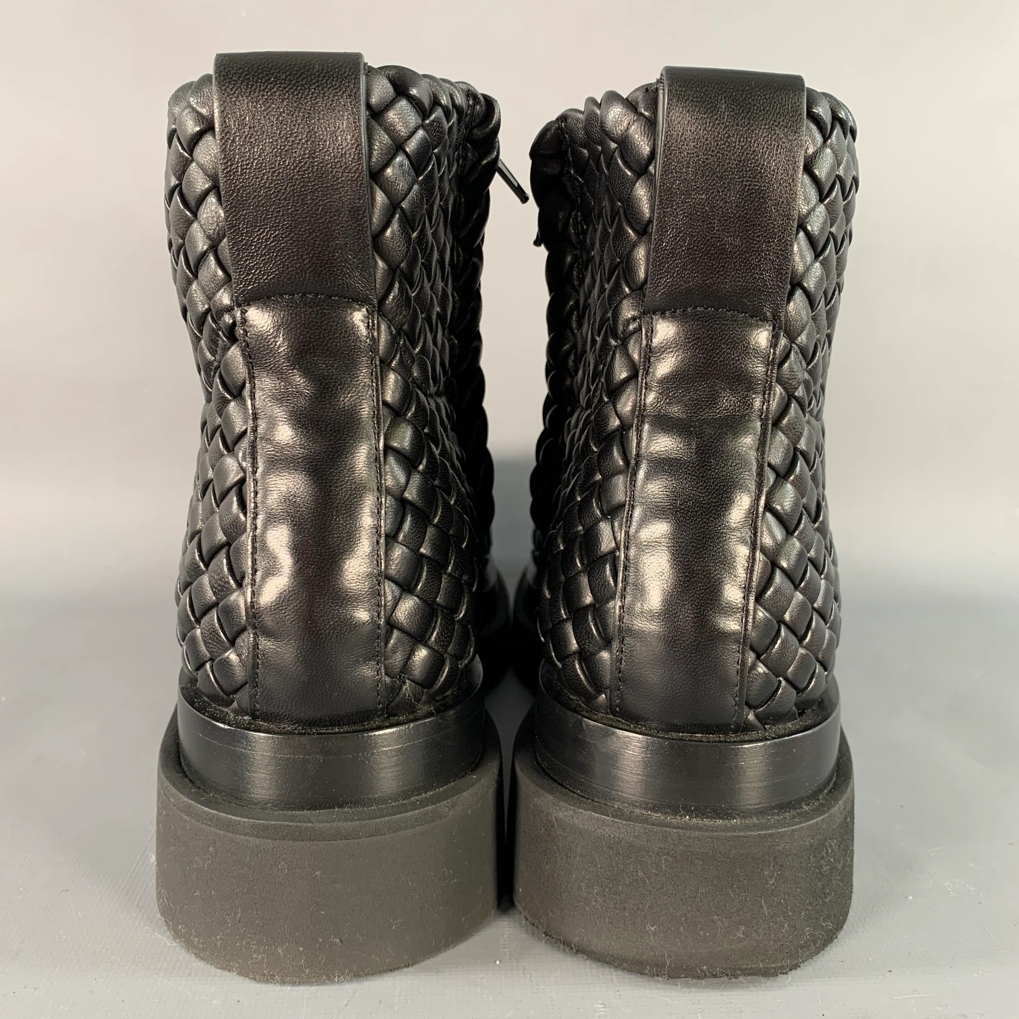 BOTTEGA VENETA Size 8 Black Mini Lido Weave Lug Woven Leather Side Zipper Boots - Image 3
