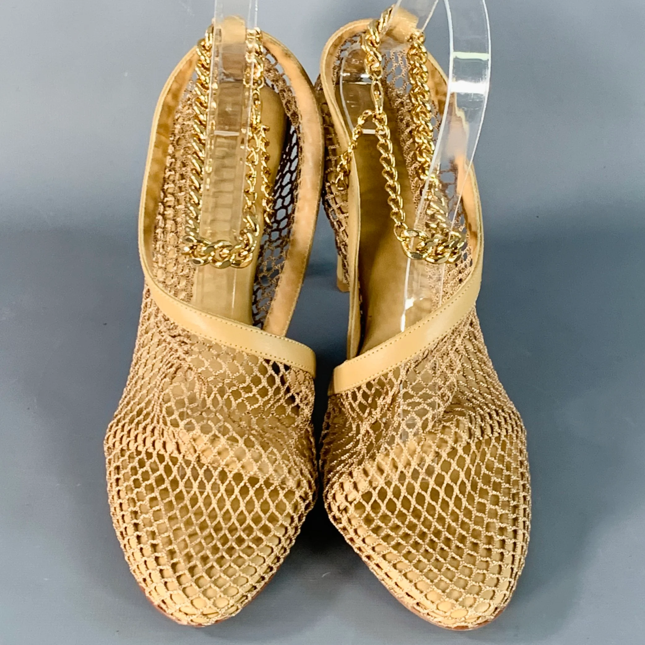 BOTTEGA VENETA Size 9 Tan Lambskin Leather Mesh Stiletto Heels Pumps - Image 4