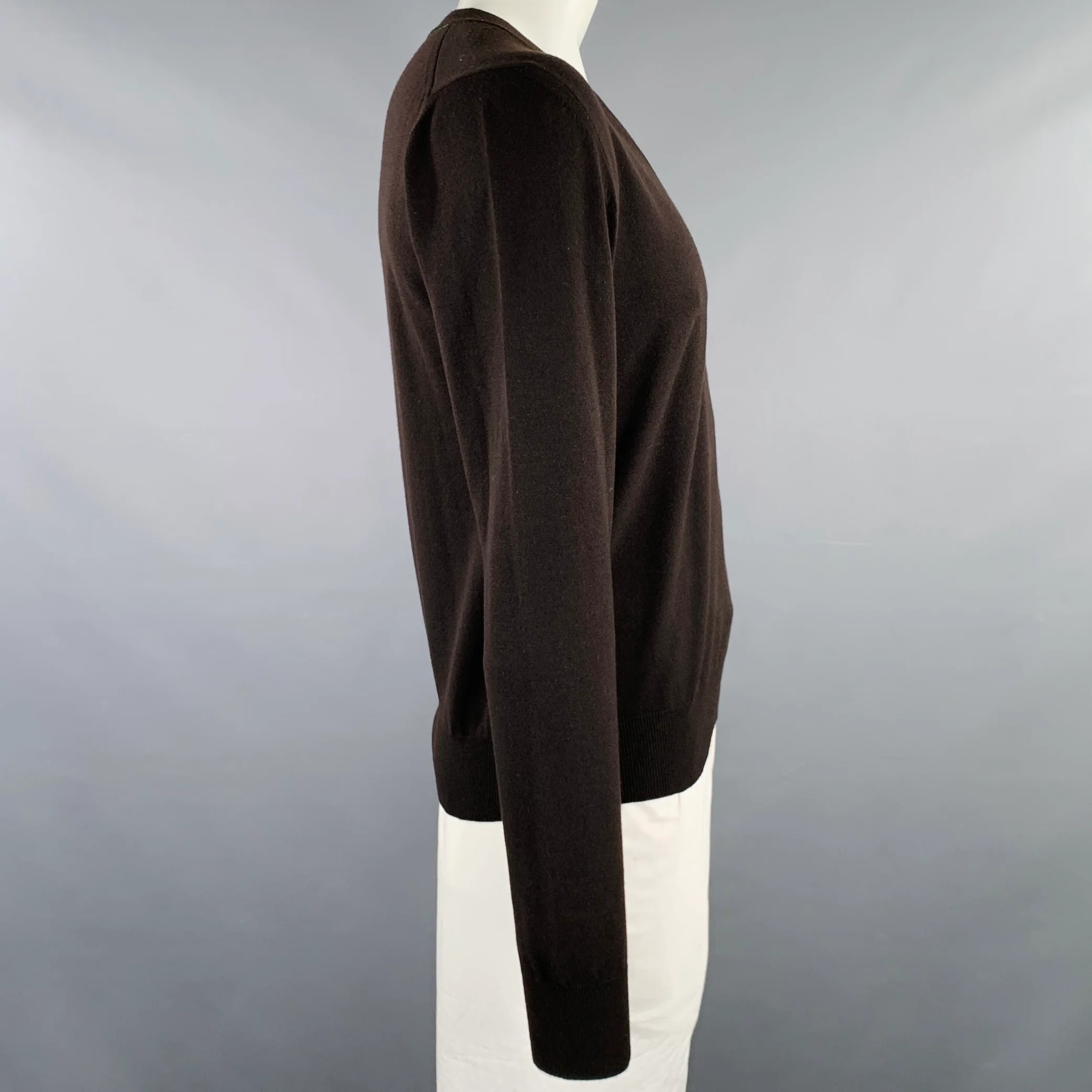BOTTEGA VENETA Size L Brown Knit Wool Blend V-Neck Pullover - Image 2