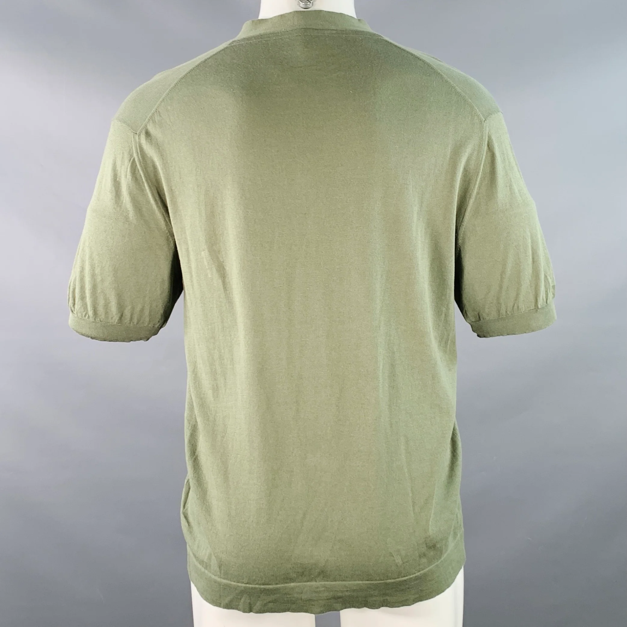 BOTTEGA VENETA Size M Green Blue Numbers Applique Cotton V-Neck Short Sleeve Shirt - Image 4