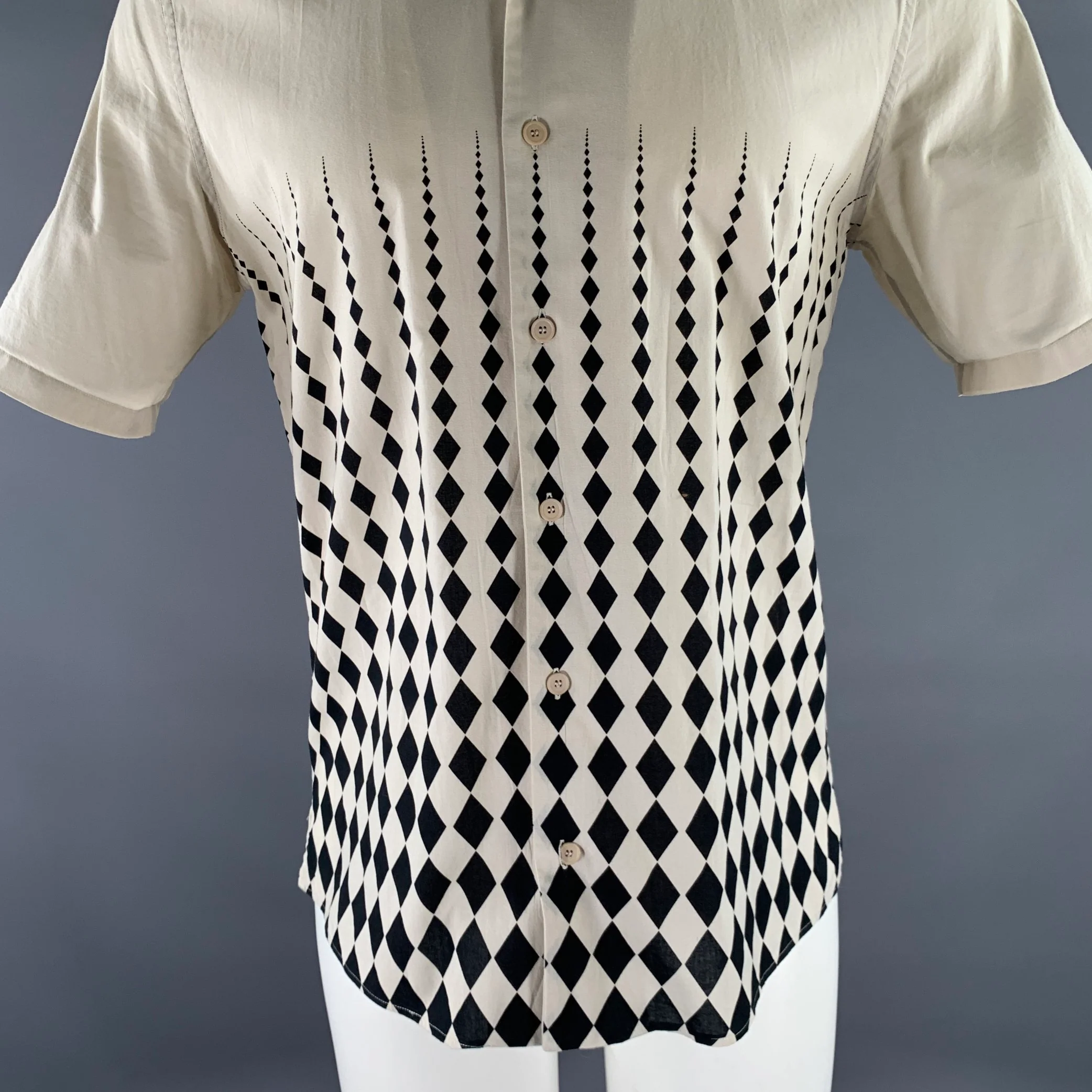 BOTTEGA VENETA Size S Khaki Black Checkered Cotton Camp Short Sleeve Shirt - Image 2