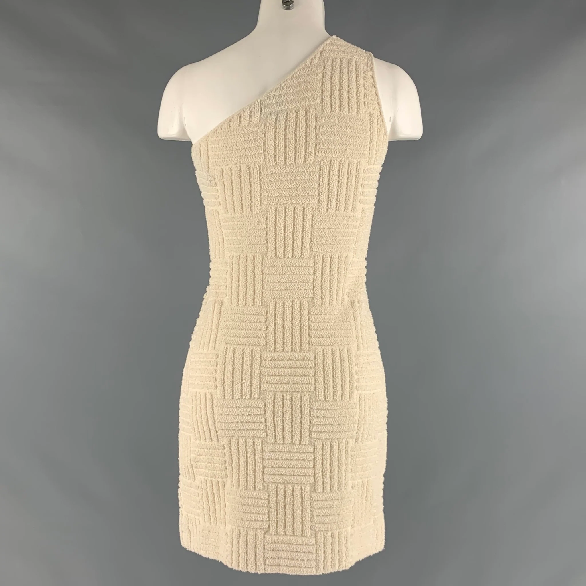 BOTTEGA VENETA Size XS Cream Cotton Blend Textured One Shoulder Dress - Image 4