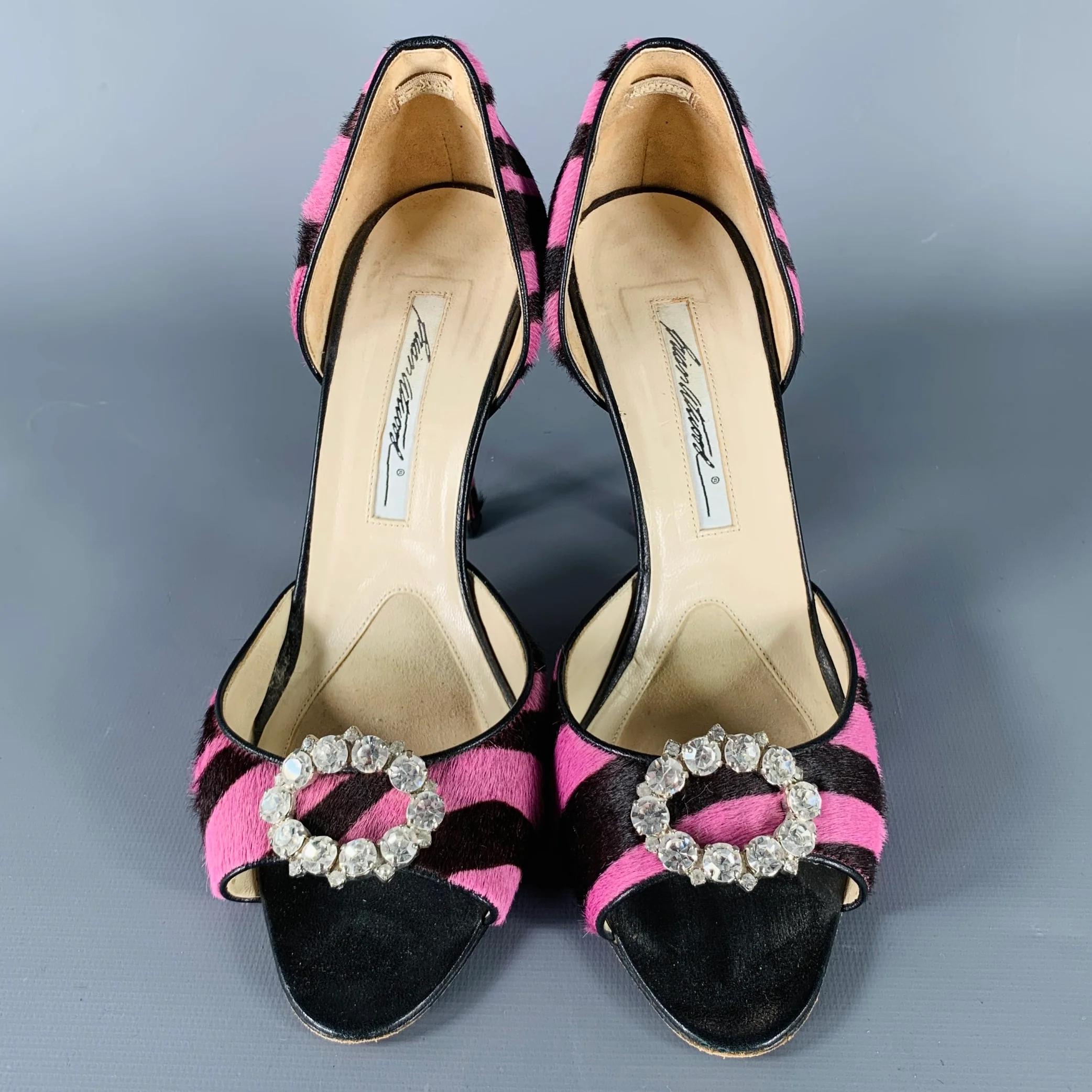 BRIAN ATWOOD Size 7.5 Pink Brown Stripe Calf Hair Peep Toe Heels Pumps - Image 4