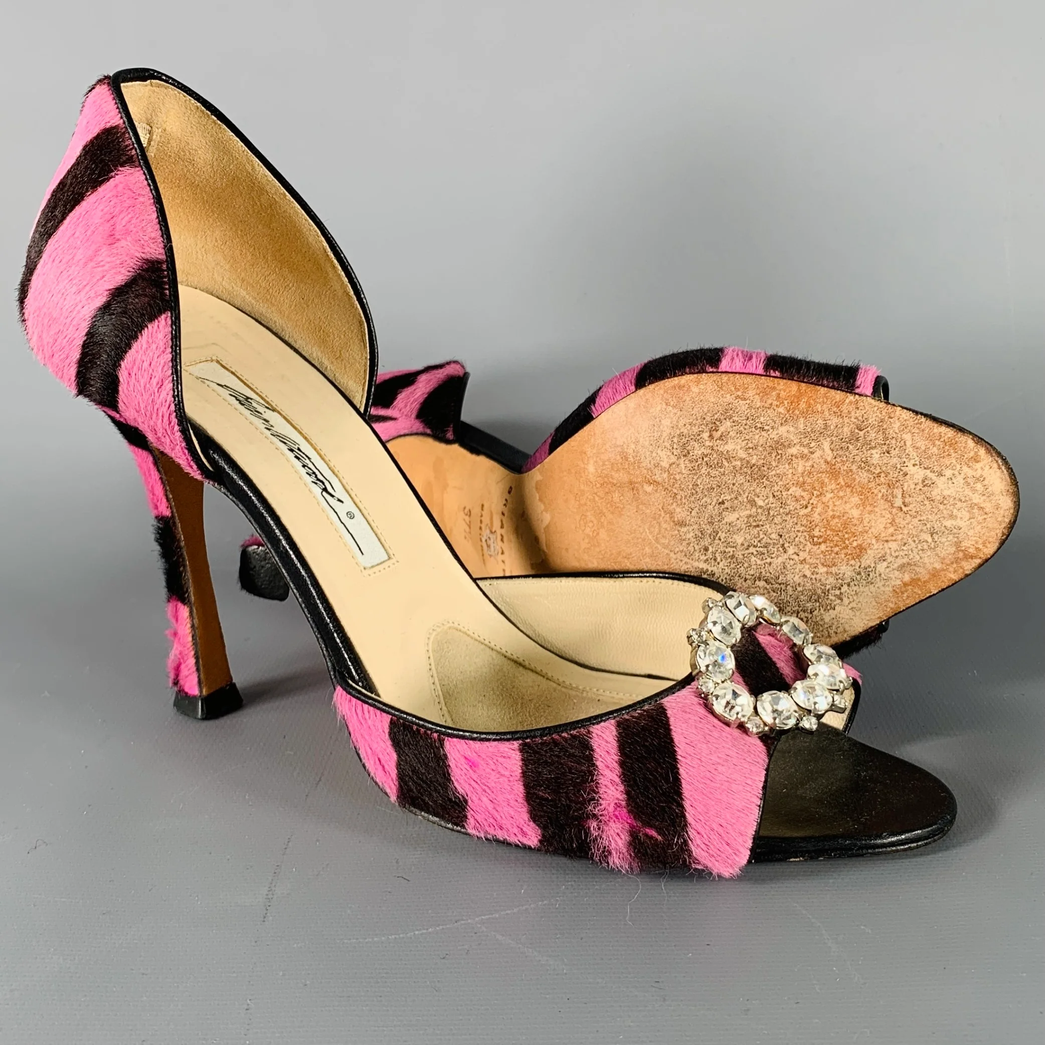 BRIAN ATWOOD Size 7.5 Pink Brown Stripe Calf Hair Peep Toe Heels Pumps - Image 5