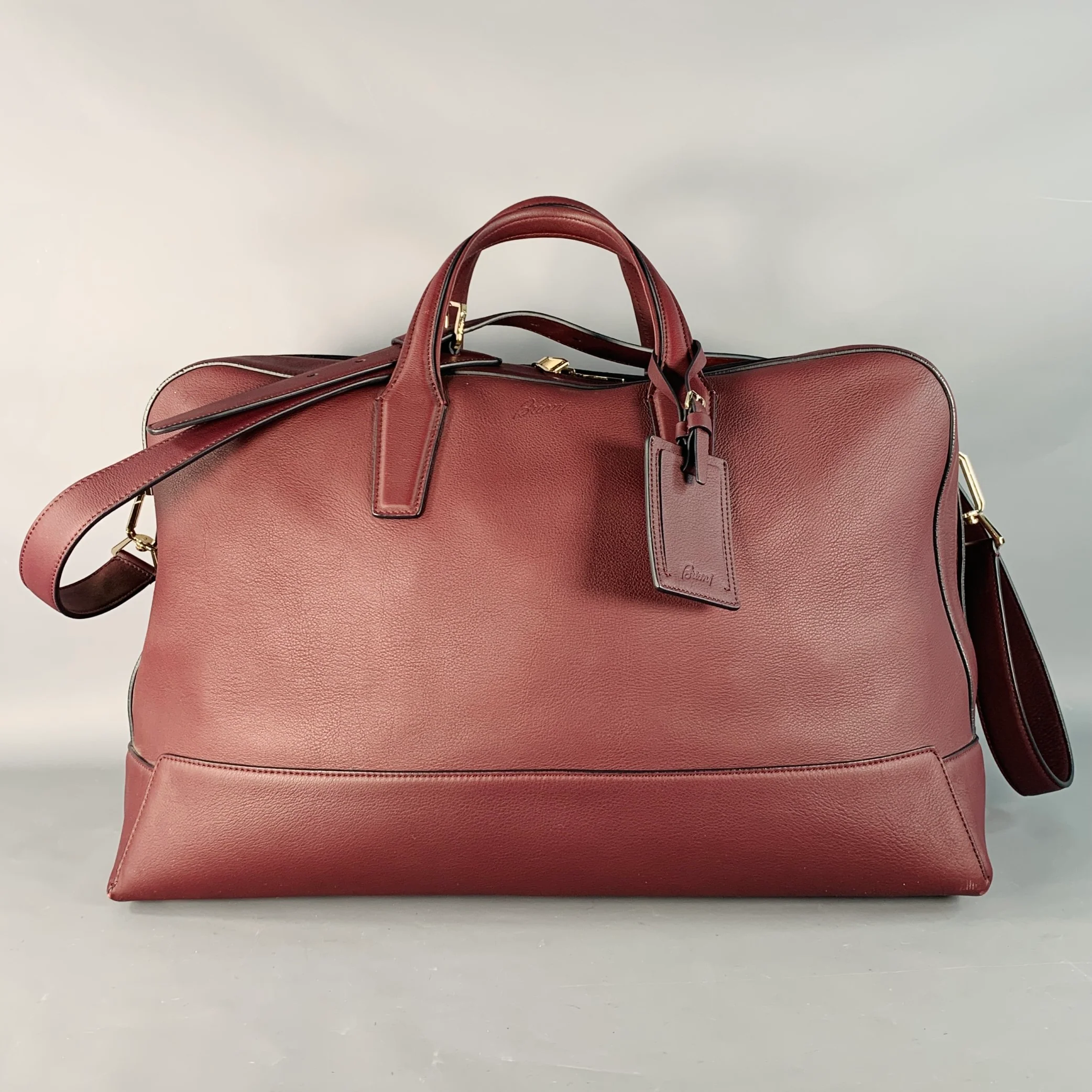 BRIONI Burgundy Leather Zip Up Overnight Bag - Image 3