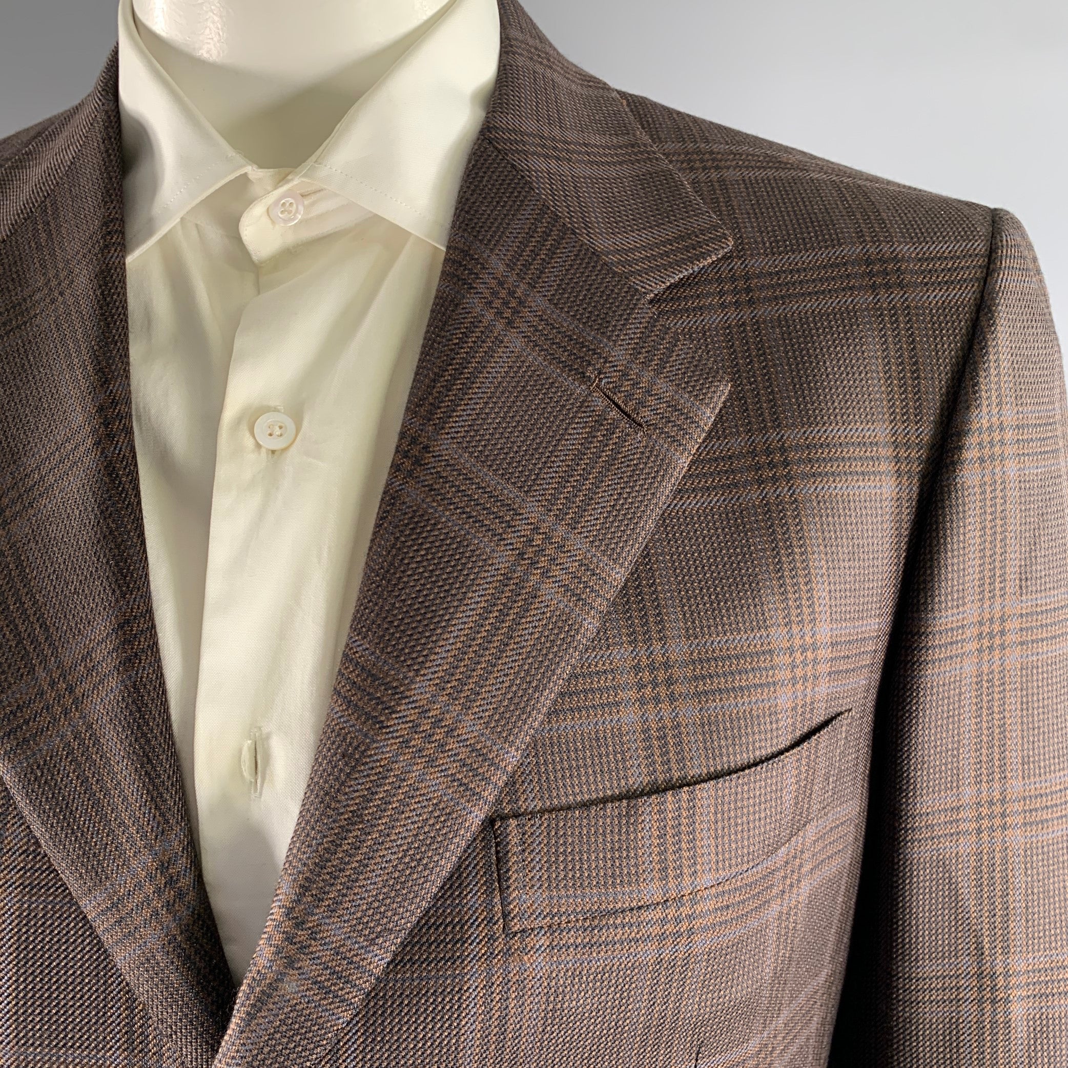 BRIONI Size 42 Brown Orange & Blue Tartan Linen Wool Sport Coat - Image 3