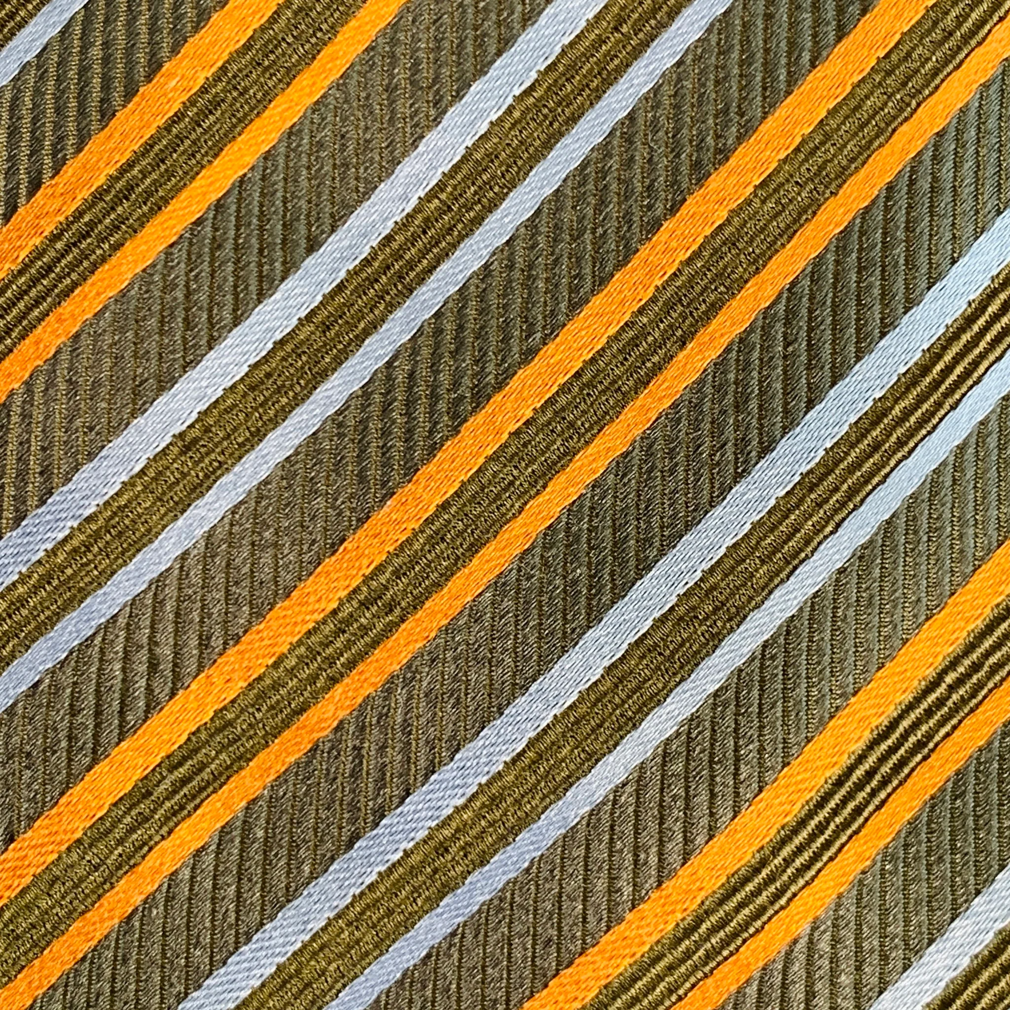 BRIONI Green Blue Orange Diagonal Stripe Silk Cotton Tie - Image 3