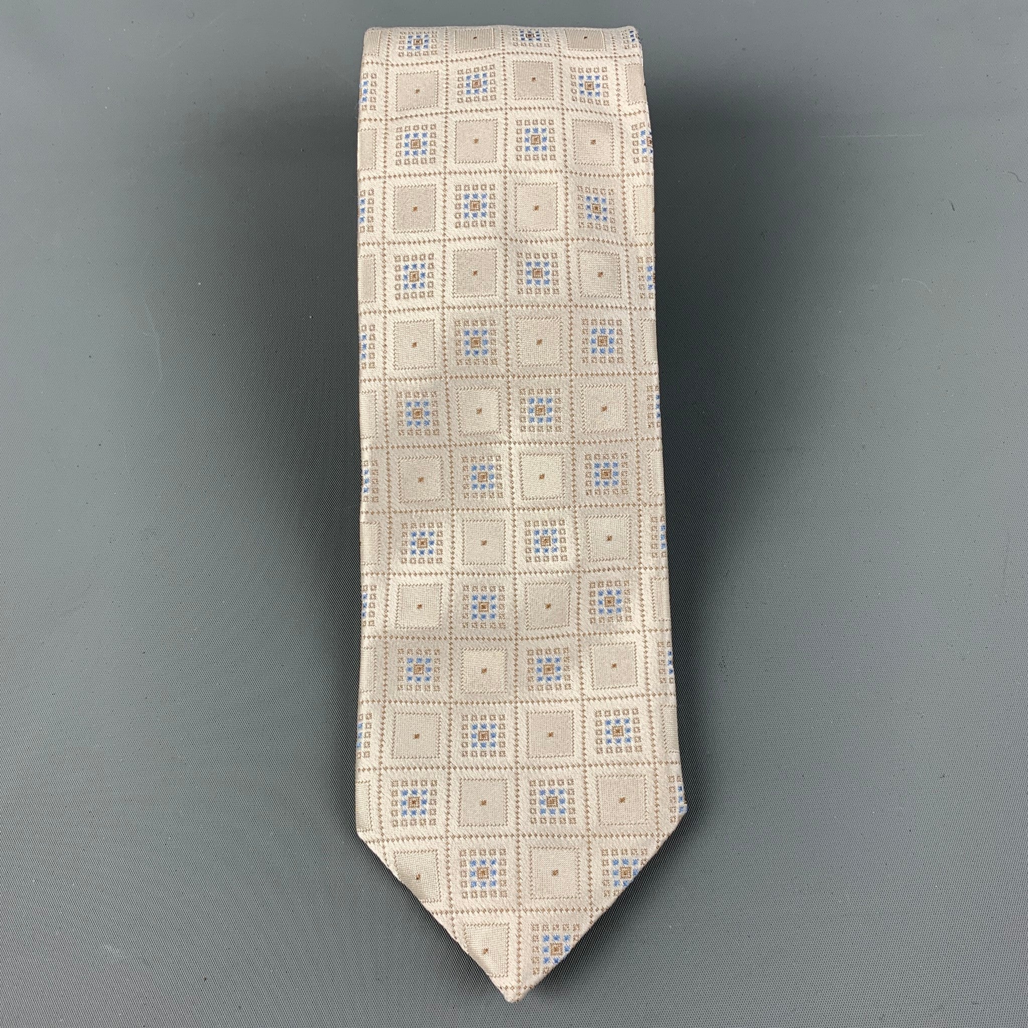 BRIONI Ivory & Blue Checkered Silk Tie - Image 2